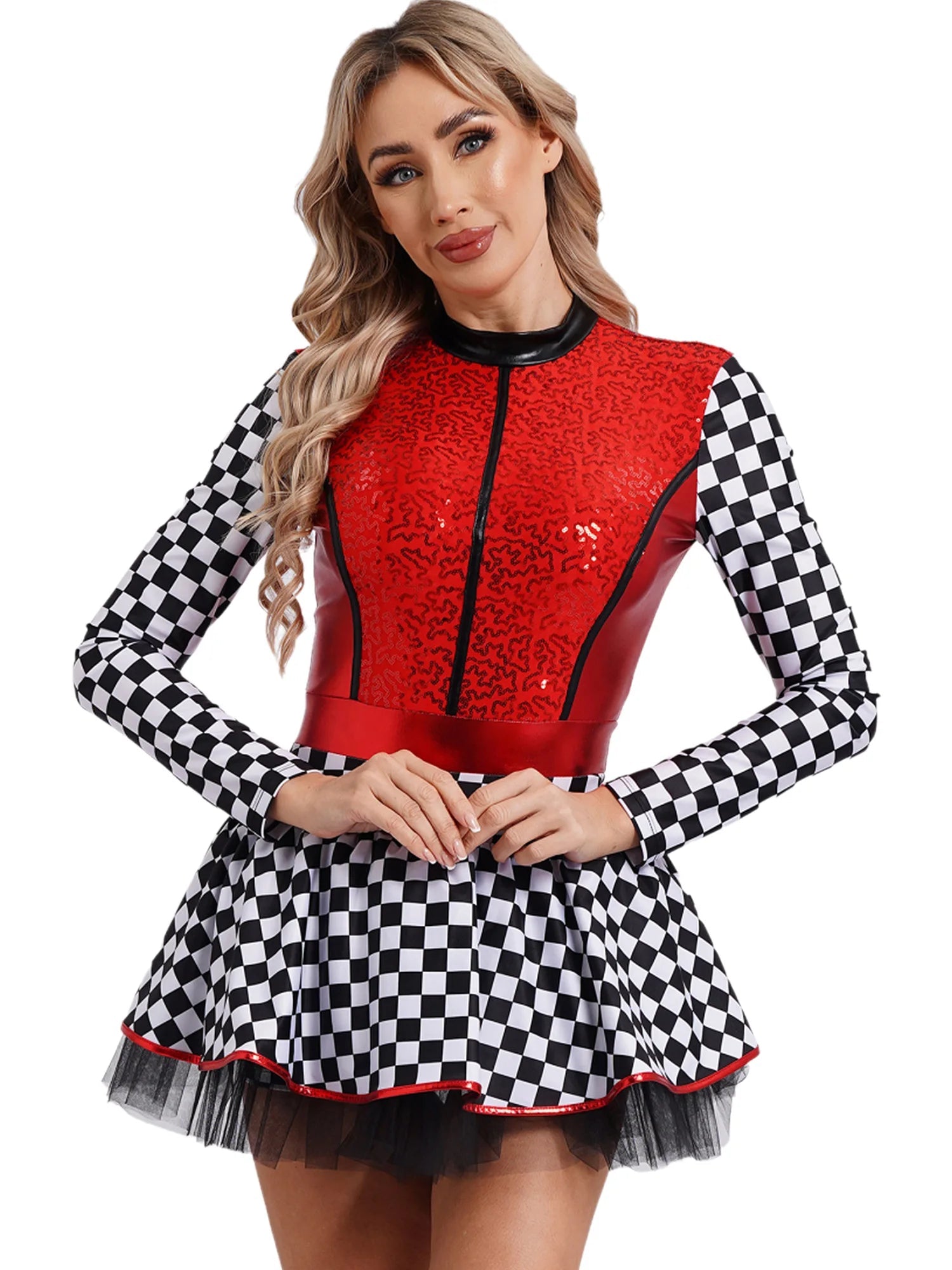 Damen - Racer - Kostüm, Pailletten, langärmelig, A - Linie, Tüllröcke für Halloween, Party, Geschwindigkeit, Rennfahrer, Cosplay, Kostüm - Blockshop.store