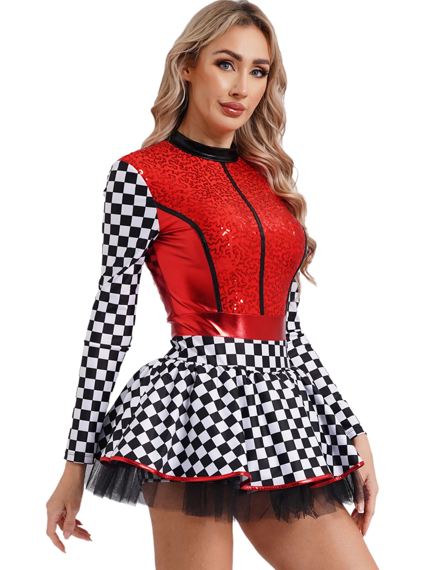 Damen - Racer - Kostüm, Pailletten, langärmelig, A - Linie, Tüllröcke für Halloween, Party, Geschwindigkeit, Rennfahrer, Cosplay, Kostüm - Blockshop.store