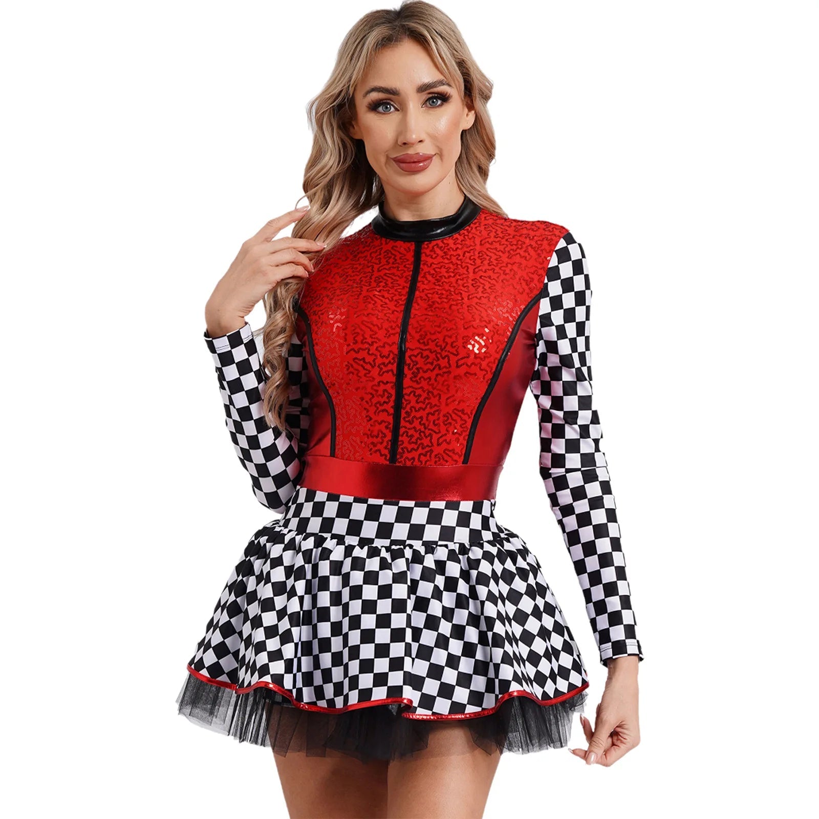 Damen - Racer - Kostüm, Pailletten, langärmelig, A - Linie, Tüllröcke für Halloween, Party, Geschwindigkeit, Rennfahrer, Cosplay, Kostüm - Blockshop.store
