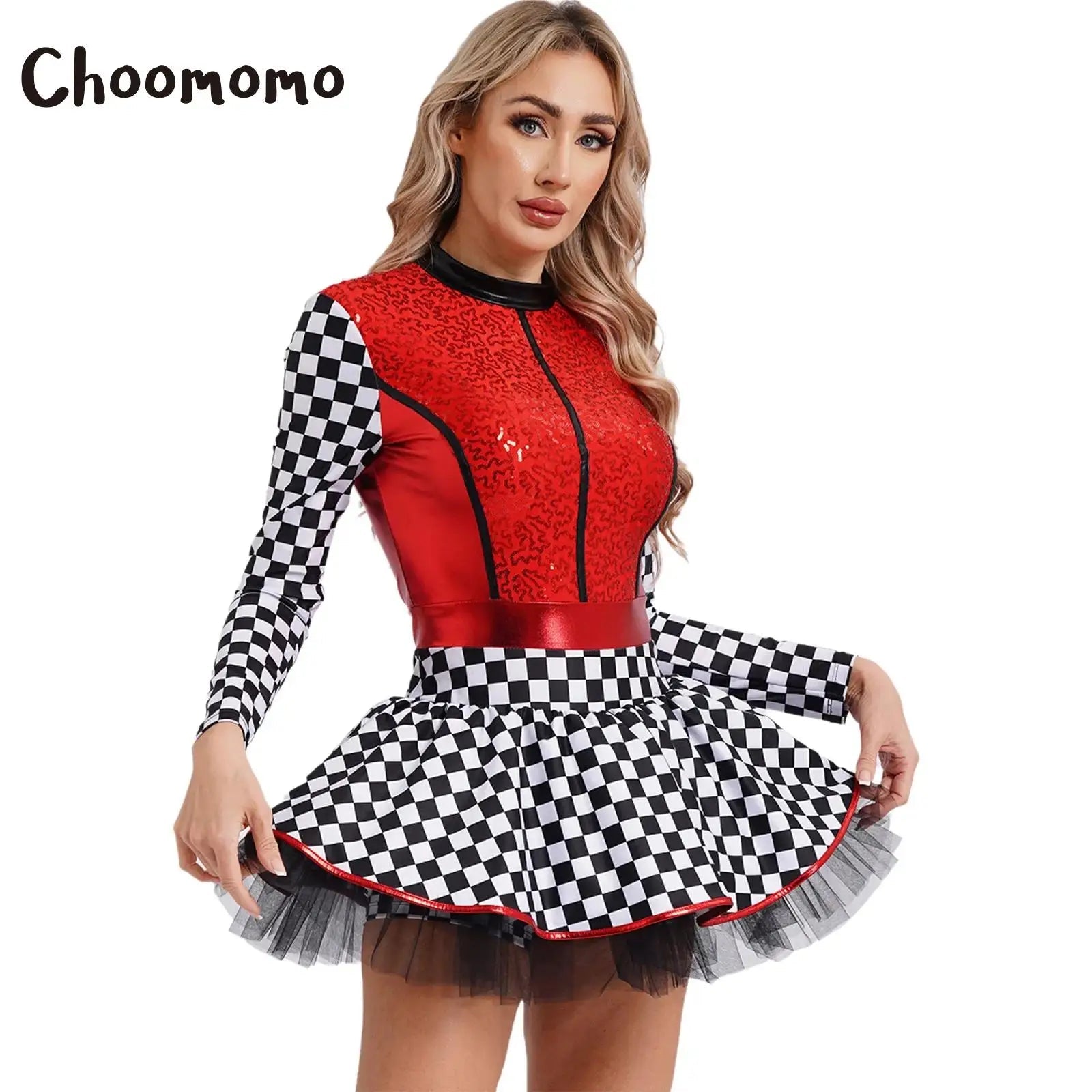 Damen - Racer - Kostüm, Pailletten, langärmelig, A - Linie, Tüllröcke für Halloween, Party, Geschwindigkeit, Rennfahrer, Cosplay, Kostüm - Blockshop.store