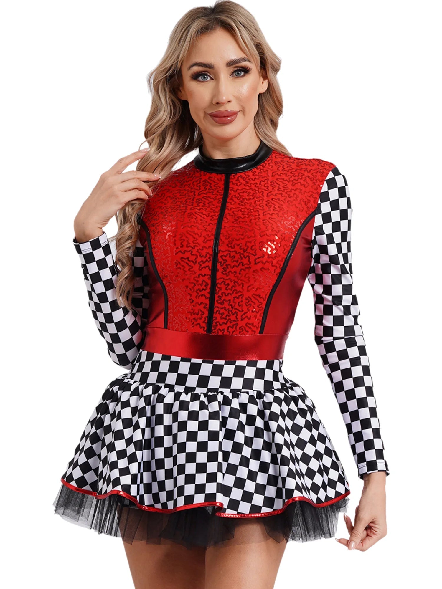 Damen - Racer - Kostüm, Pailletten, langärmelig, A - Linie, Tüllröcke für Halloween, Party, Geschwindigkeit, Rennfahrer, Cosplay, Kostüm - Blockshop.store