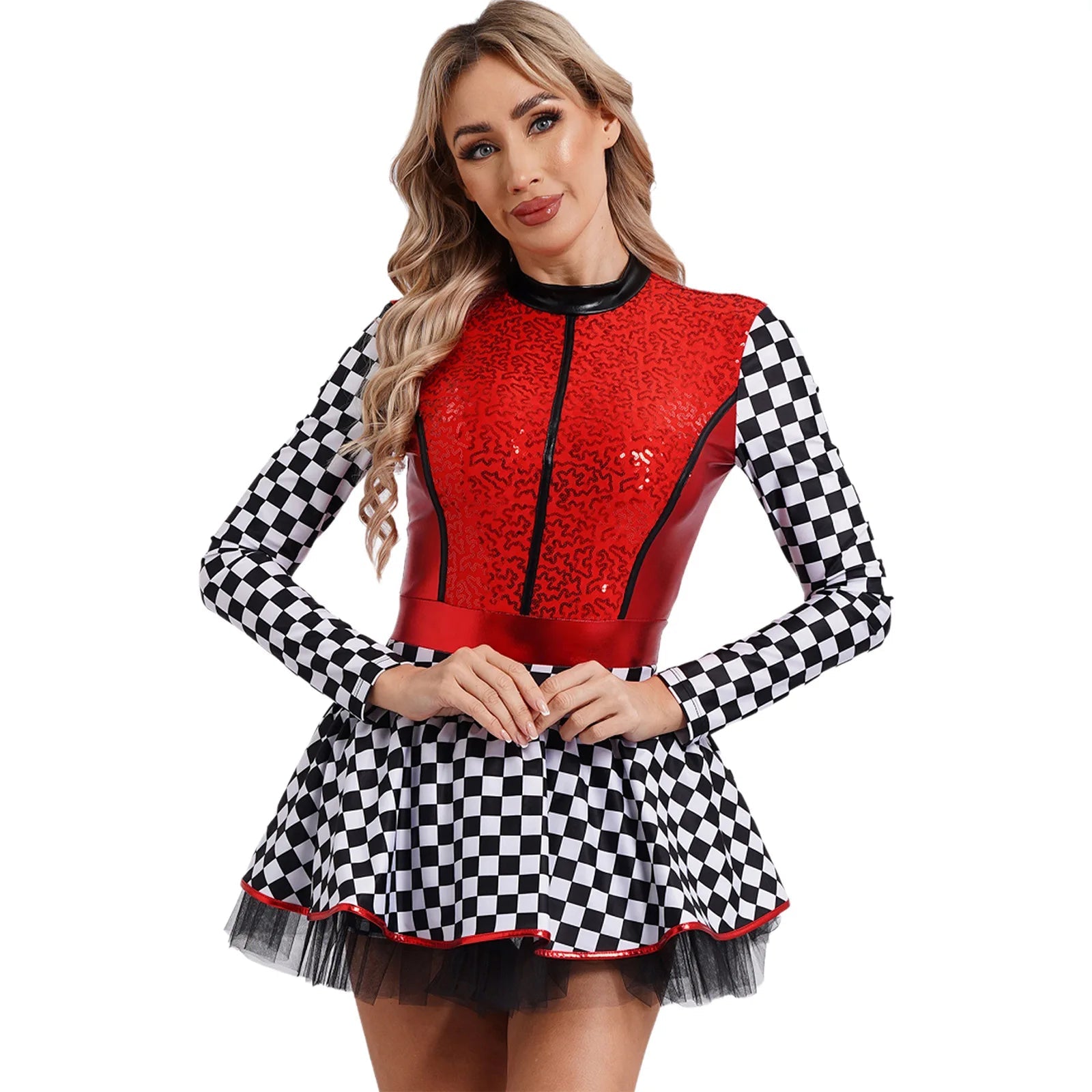 Damen - Racer - Kostüm, Pailletten, langärmelig, A - Linie, Tüllröcke für Halloween, Party, Geschwindigkeit, Rennfahrer, Cosplay, Kostüm - Blockshop.store