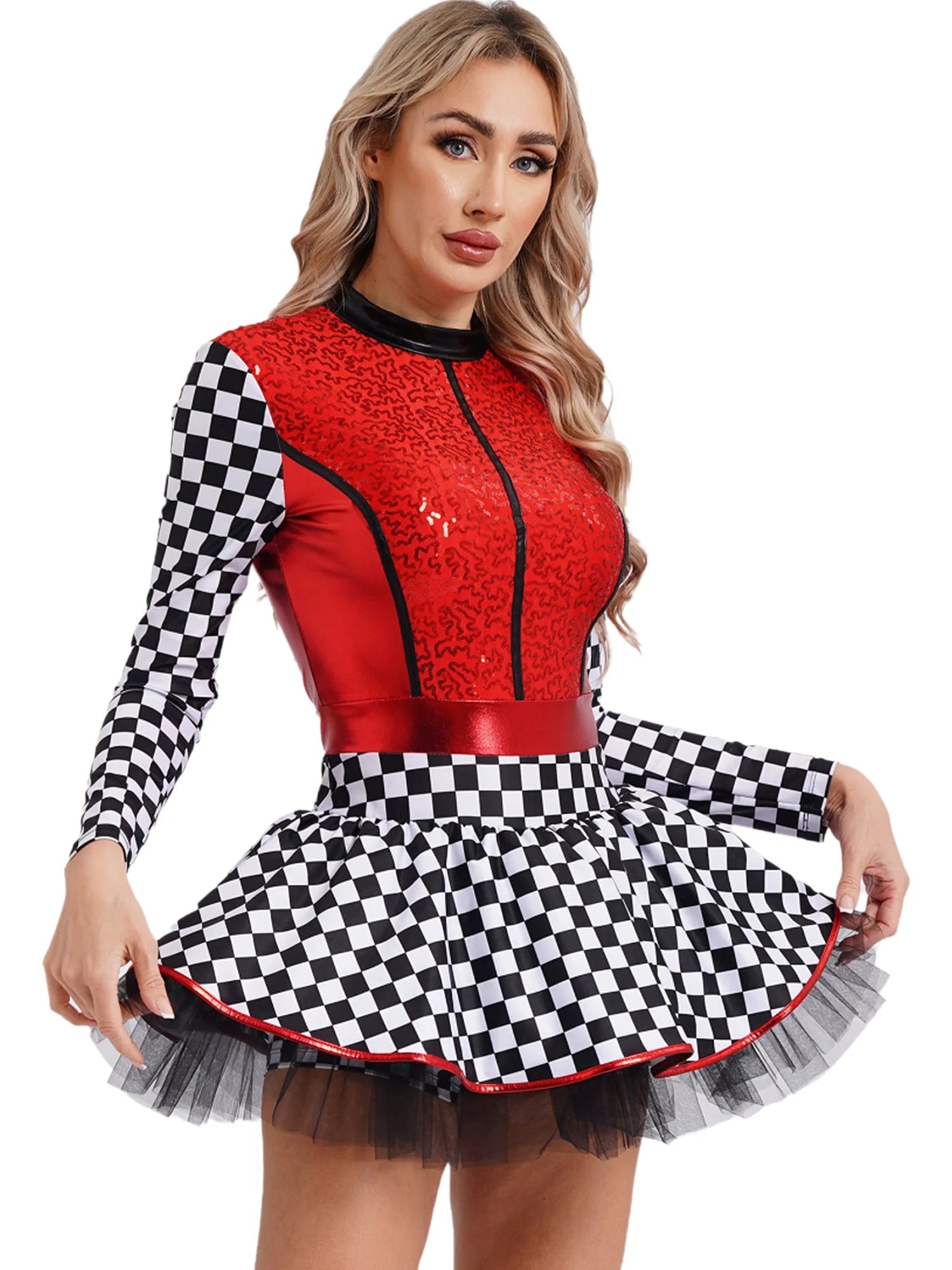 Damen - Racer - Kostüm, Pailletten, langärmelig, A - Linie, Tüllröcke für Halloween, Party, Geschwindigkeit, Rennfahrer, Cosplay, Kostüm - Blockshop.store