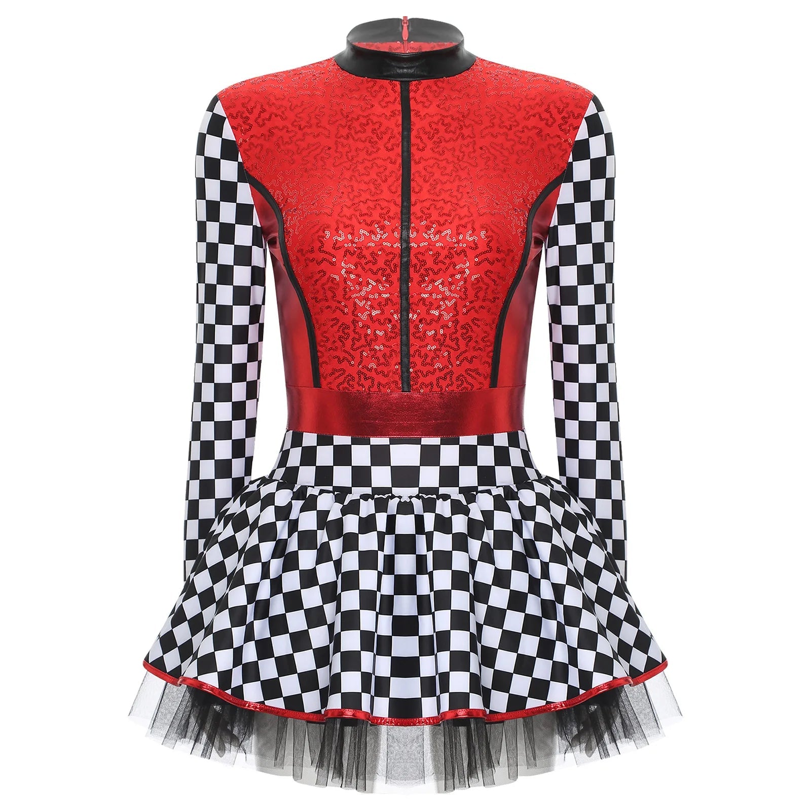 Damen - Racer - Kostüm, Pailletten, langärmelig, A - Linie, Tüllröcke für Halloween, Party, Geschwindigkeit, Rennfahrer, Cosplay, Kostüm - Blockshop.store