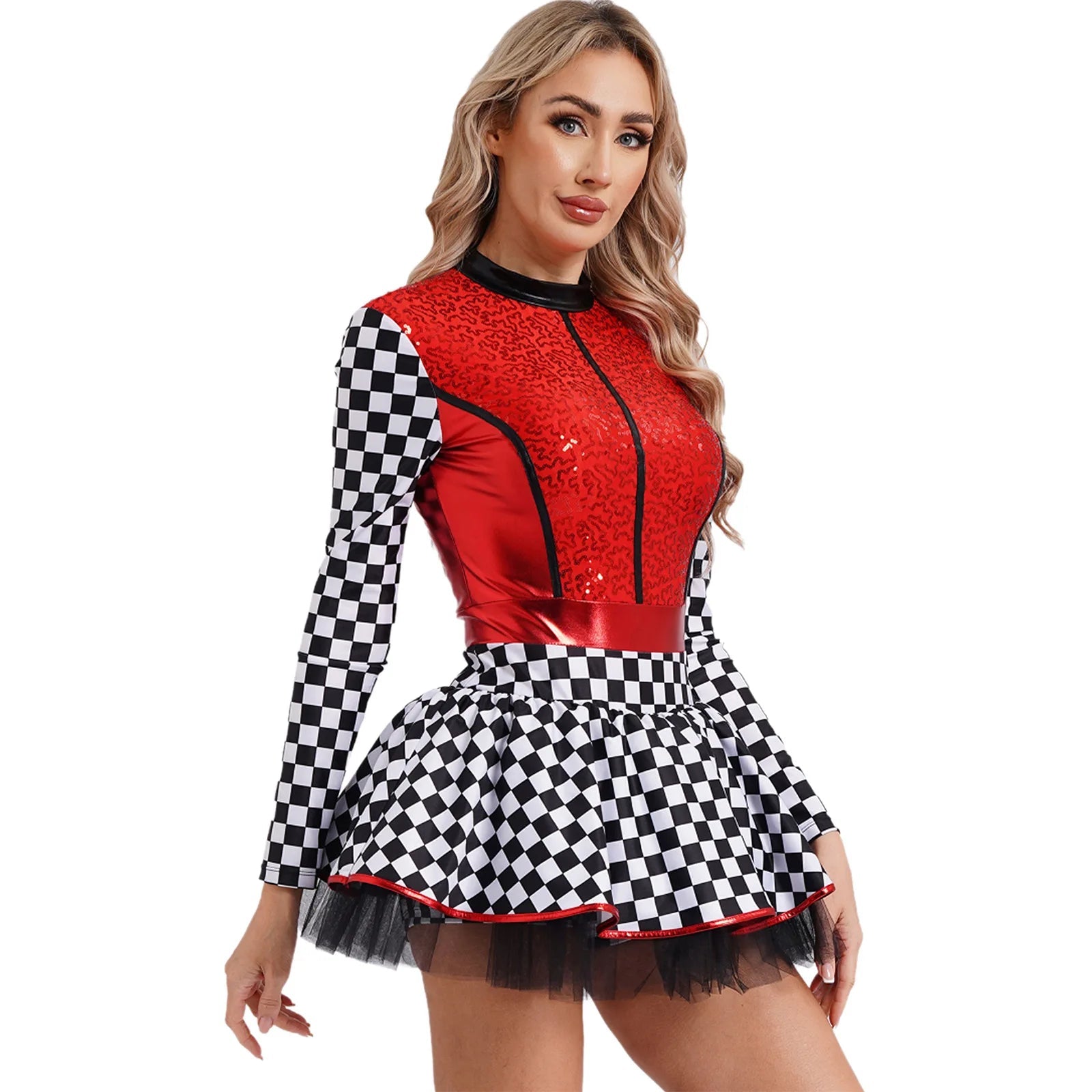 Damen - Racer - Kostüm, Pailletten, langärmelig, A - Linie, Tüllröcke für Halloween, Party, Geschwindigkeit, Rennfahrer, Cosplay, Kostüm - Blockshop.store