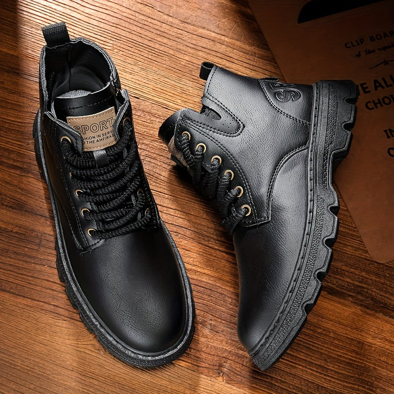 Classic Men's Mountaineering Boots Solid Color Water-Resistant PU Leather Mid-Top Motorcycle Boots with Side Zipper, Lace-Up Closure, Fabric Lining and EVA Insole for Outdoor Casual Wear in Spring/Fall and Fall/Winter