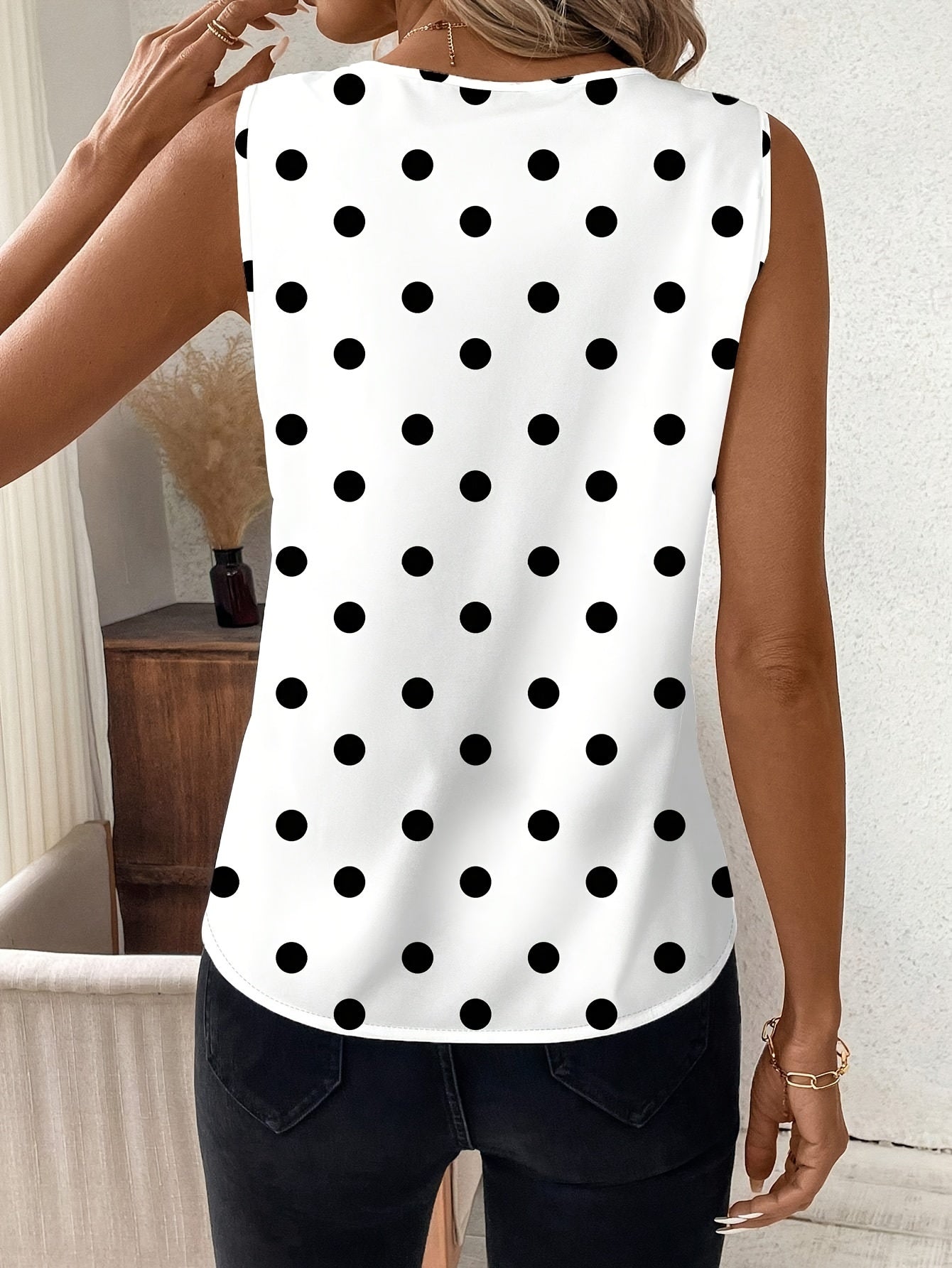 Polka Dot V Neck Tank Top, Sleeveless Elegant Top For Summer & Spring, Women's Clothing