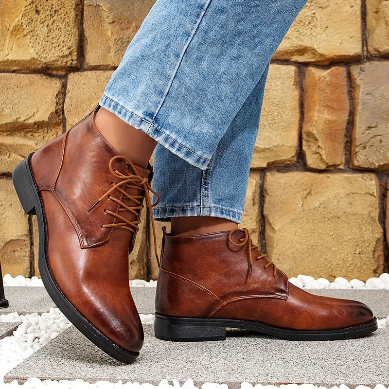 Men's Vintage-Inspired Ankle Boots - Casual Lace-Up, Non-Slip PVC Sole, All-Season Wear