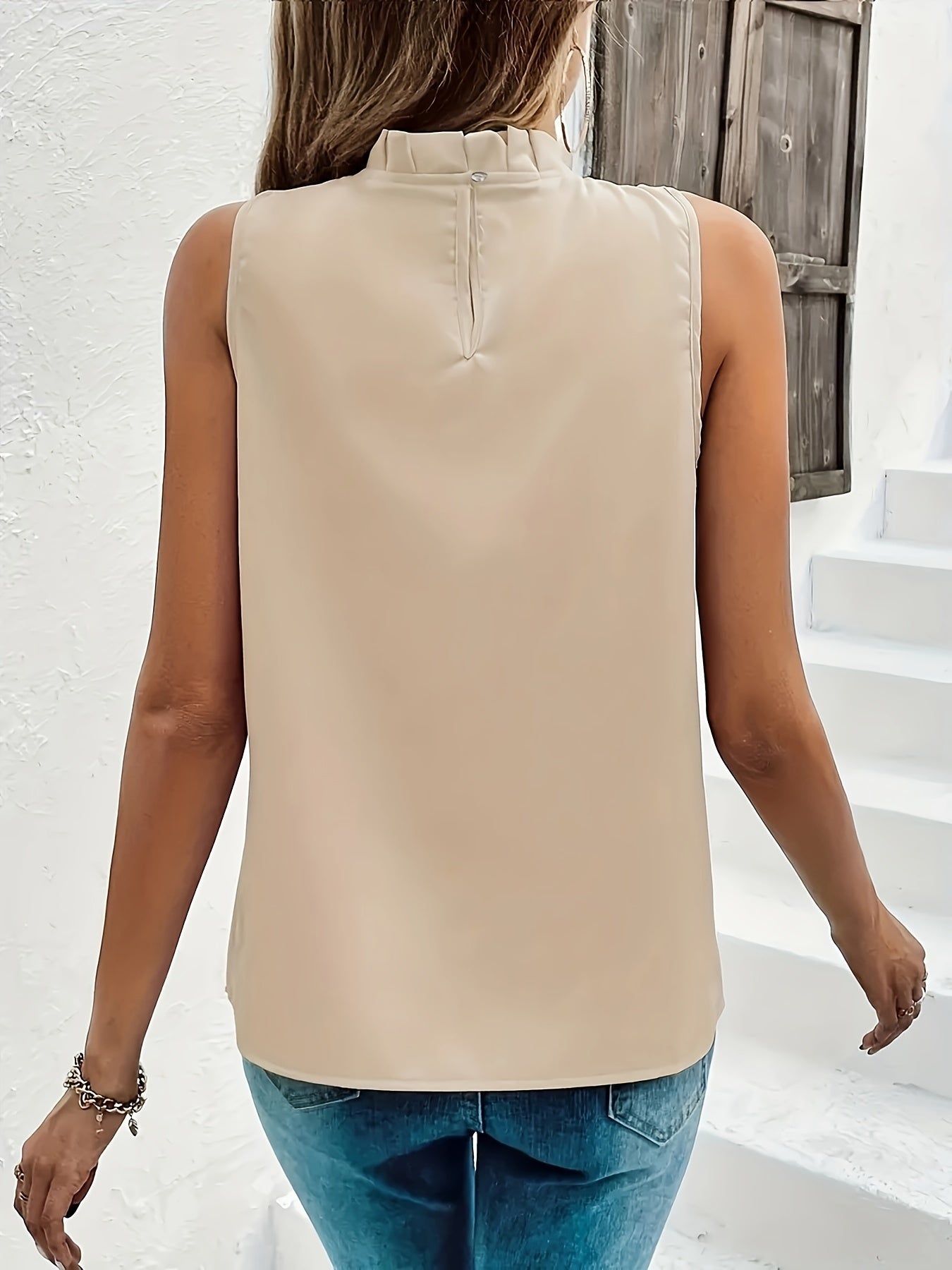 Solid Mock Neck Blouse, Elegant Sleeveless Ruched Blouse For Spring & Summer, Women's Clothing