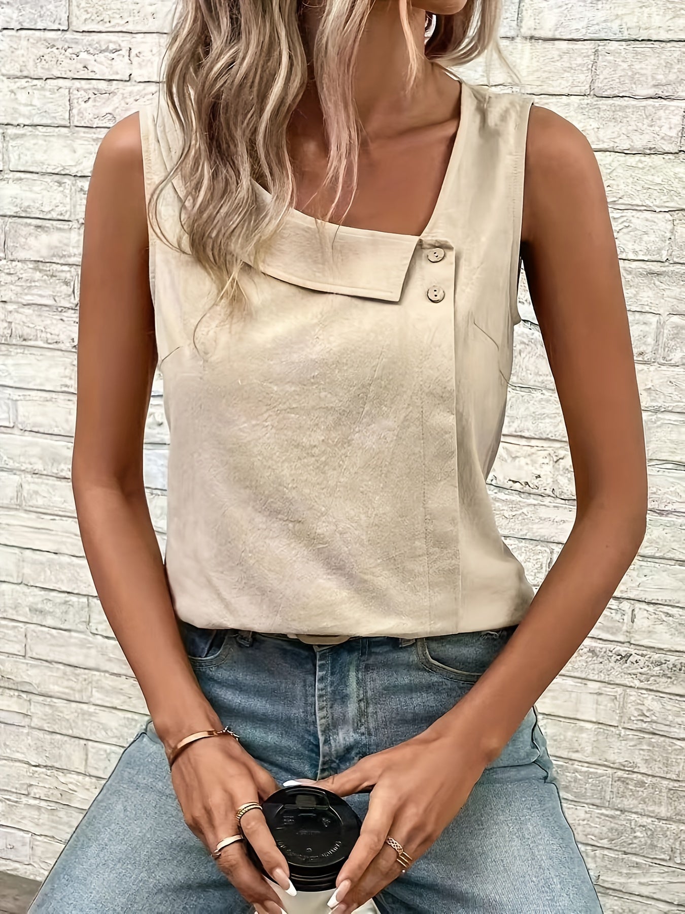 Solid Color Asymmetrical Neck Tank Top, Casual Sleeveless Top For Spring & Summer, Women's Clothing