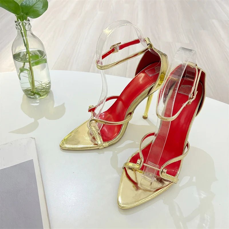 Liyke Sexy Gold Silber Ankle Cover Strap Sandalen Frauen Schuhe Mode Metall Dekoration Spitz Offene spitze Party Club Stripper Heels - Blockshop.store