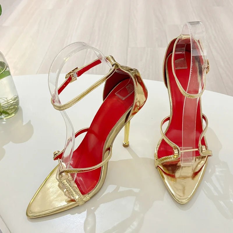 Liyke Sexy Gold Silber Ankle Cover Strap Sandalen Frauen Schuhe Mode Metall Dekoration Spitz Offene spitze Party Club Stripper Heels - Blockshop.store