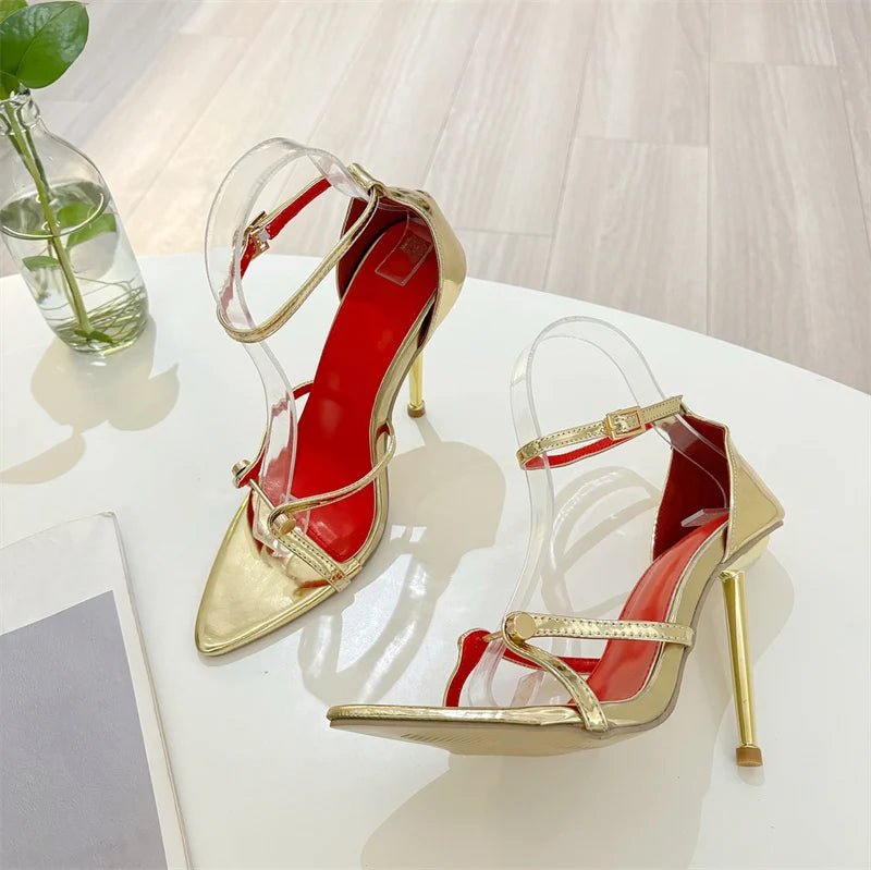 Liyke Sexy Gold Silber Ankle Cover Strap Sandalen Frauen Schuhe Mode Metall Dekoration Spitz Offene spitze Party Club Stripper Heels - Blockshop.store