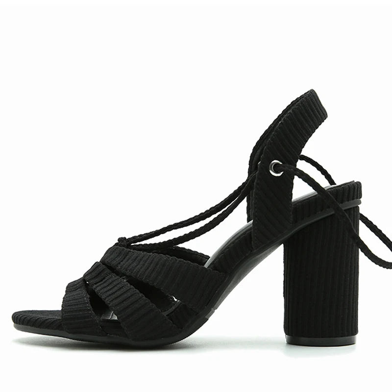 Liyke Sommer Gladiator Sandalen Frauen schwarz aushöhlen schmale Band Peep Toe Schnürung quadratische High Heels Party kleid Schuh Größe 36 - 43 - Blockshop.store