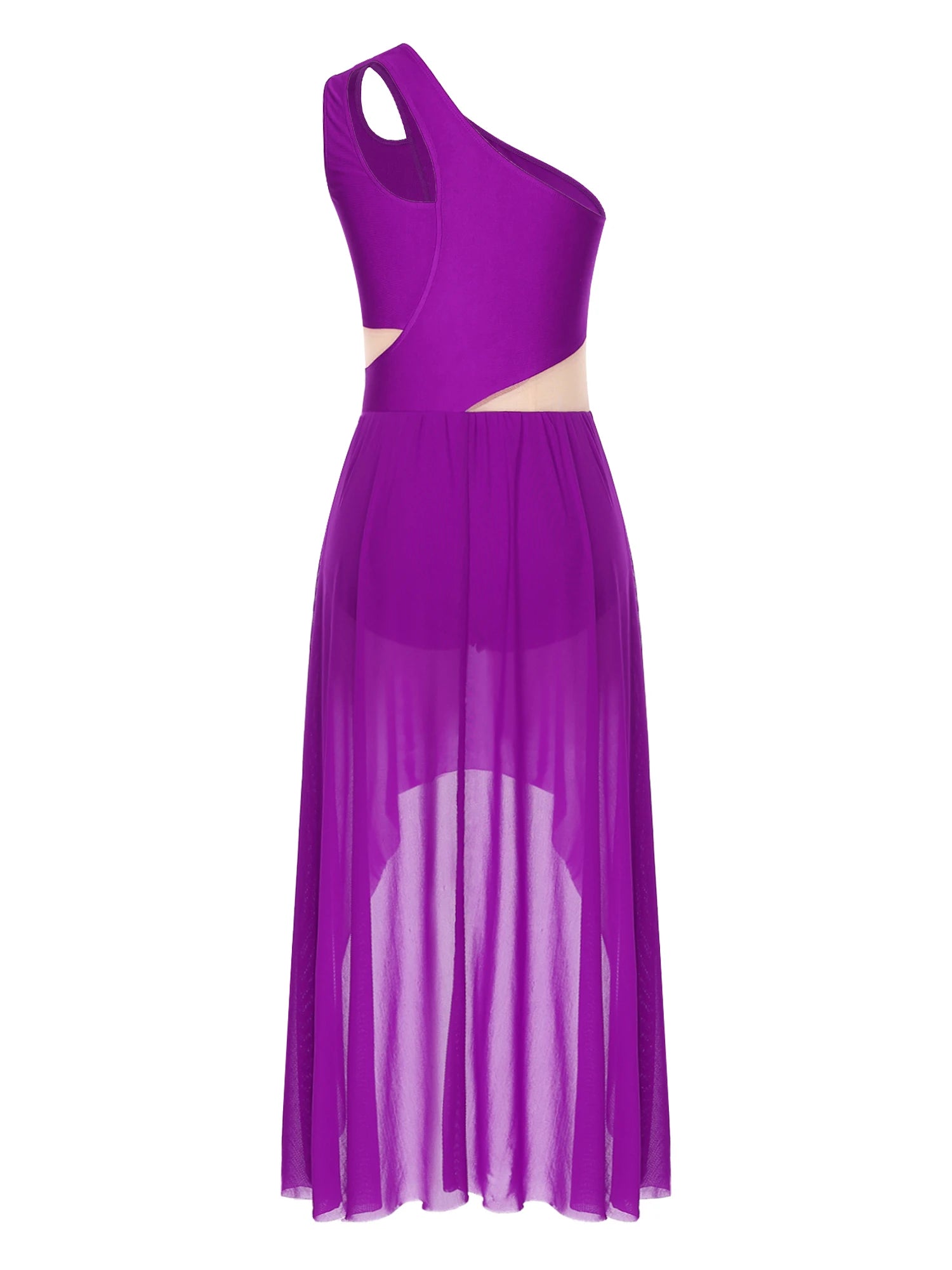 Lyrisches Tanzkostüm für Damen mit glänzenden Strasssteinen, asymmetrisches One - Shoulder - High - Low - Flowy - Chiffonkleid, zeitgenössische Tanzbekleidung - Blockshop.store