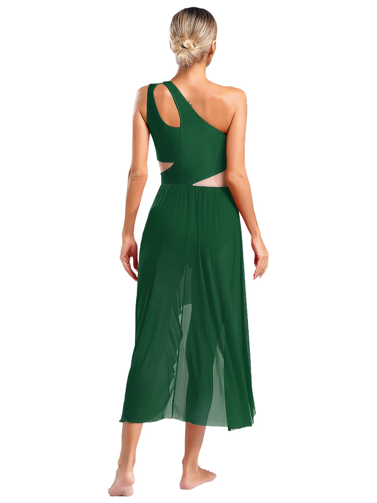 Lyrisches Tanzkostüm für Damen mit glänzenden Strasssteinen, asymmetrisches One - Shoulder - High - Low - Flowy - Chiffonkleid, zeitgenössische Tanzbekleidung - Blockshop.store