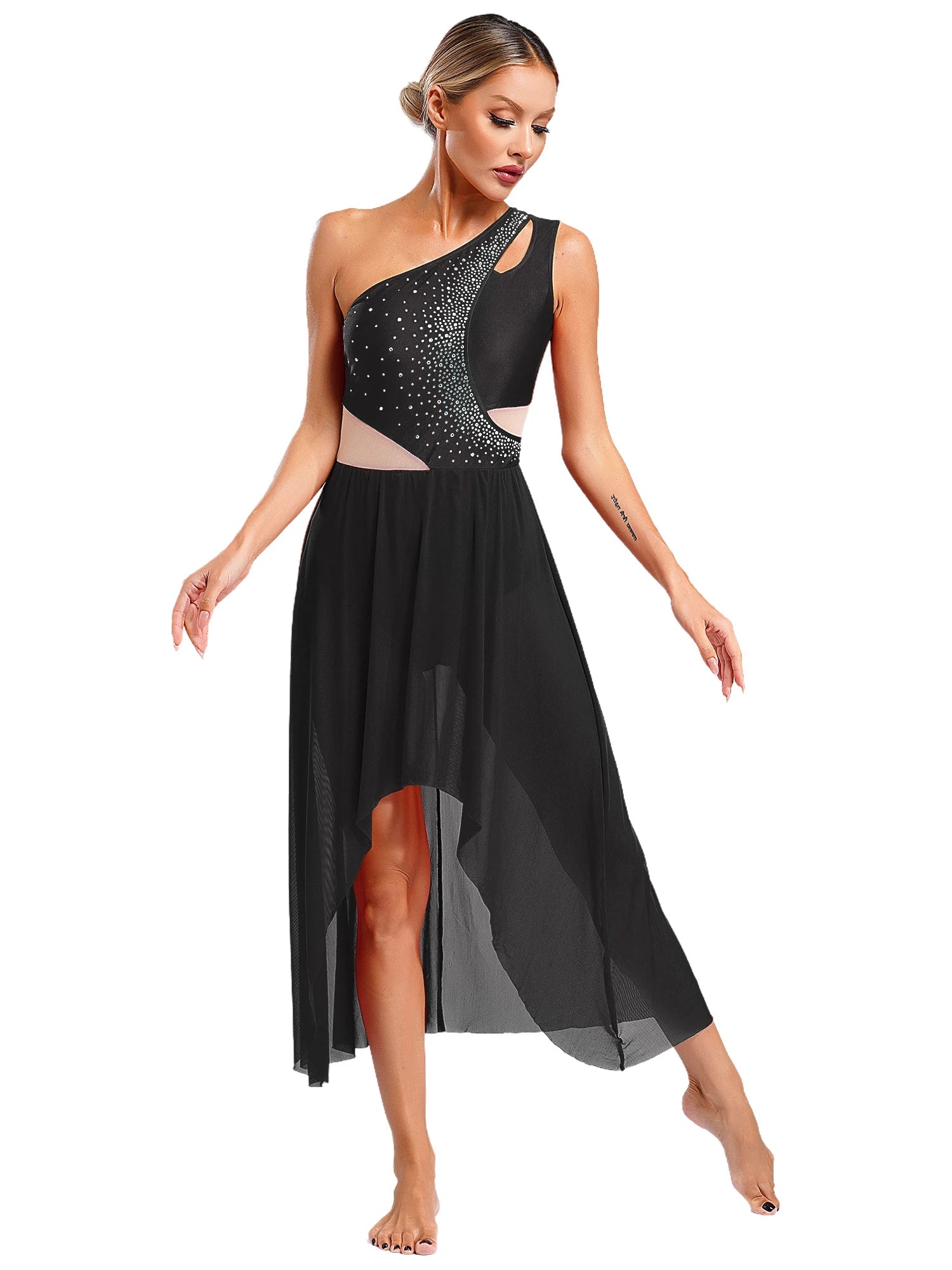 Lyrisches Tanzkostüm für Damen mit glänzenden Strasssteinen, asymmetrisches One - Shoulder - High - Low - Flowy - Chiffonkleid, zeitgenössische Tanzbekleidung - Blockshop.store