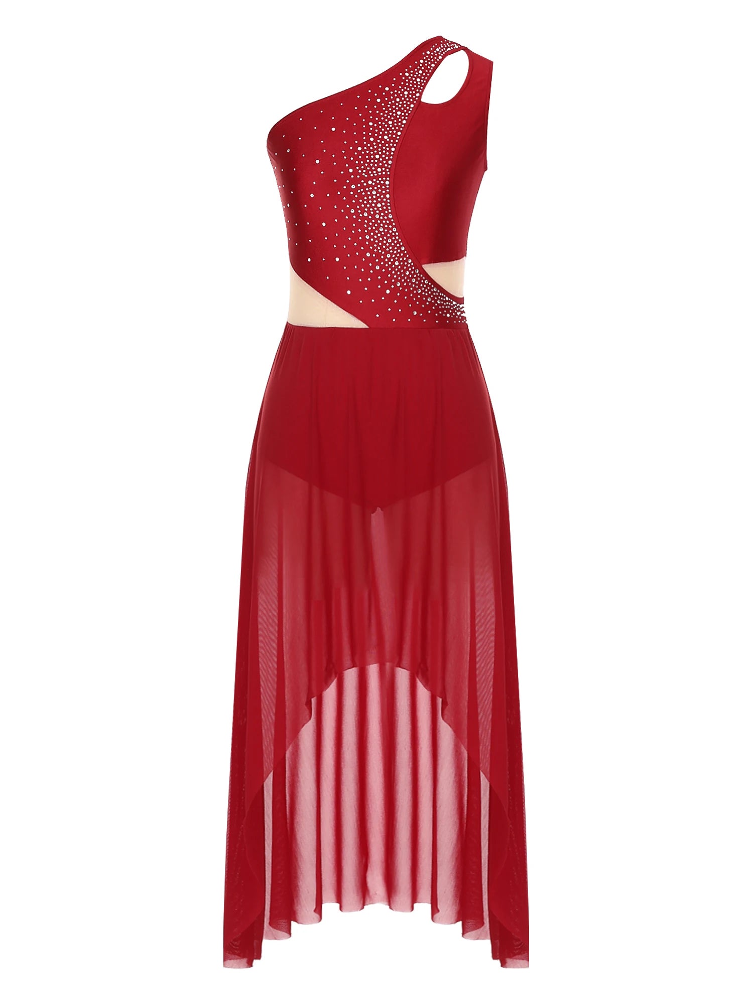 Lyrisches Tanzkostüm für Damen mit glänzenden Strasssteinen, asymmetrisches One - Shoulder - High - Low - Flowy - Chiffonkleid, zeitgenössische Tanzbekleidung - Blockshop.store