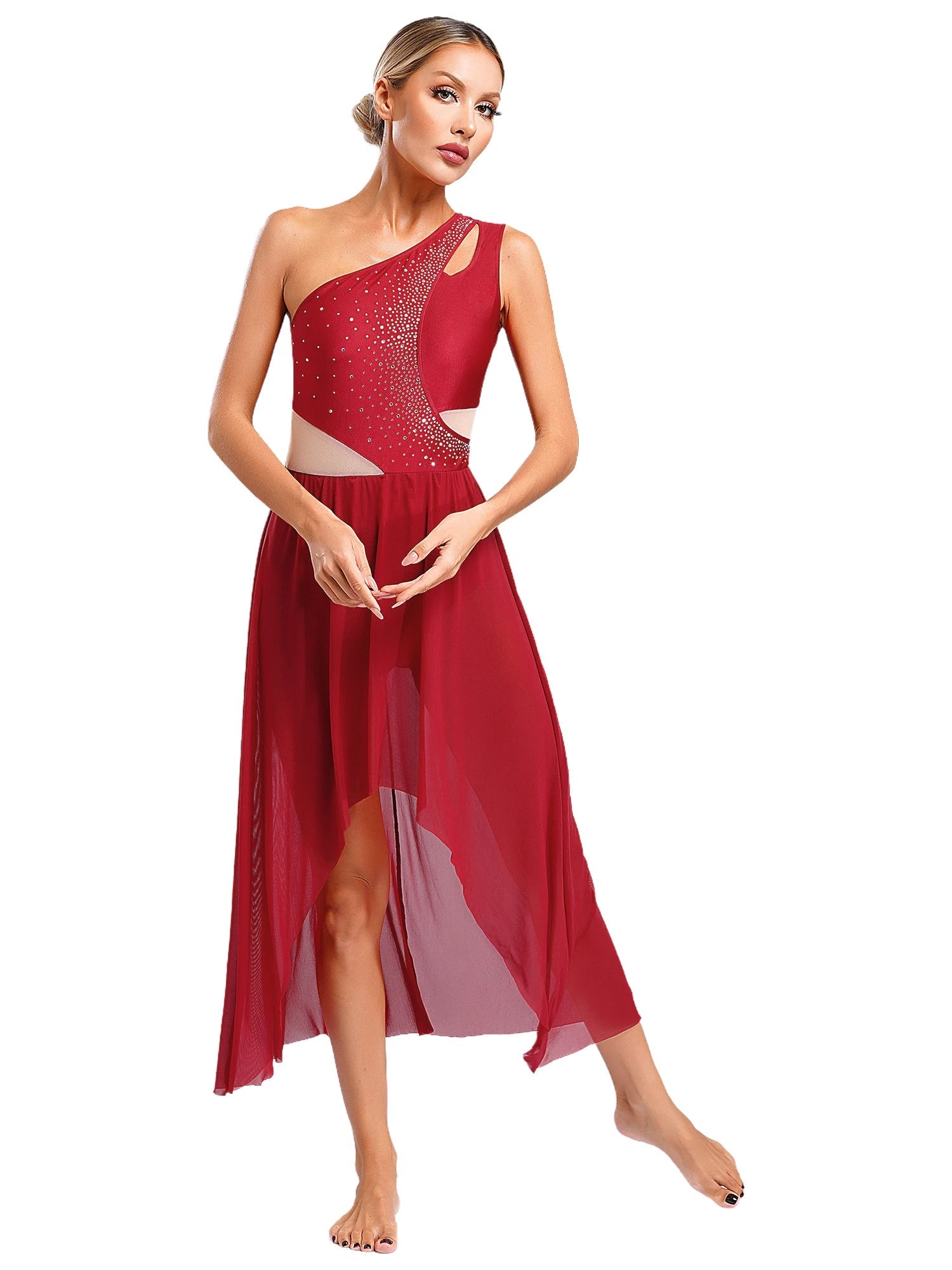 Lyrisches Tanzkostüm für Damen mit glänzenden Strasssteinen, asymmetrisches One - Shoulder - High - Low - Flowy - Chiffonkleid, zeitgenössische Tanzbekleidung - Blockshop.store