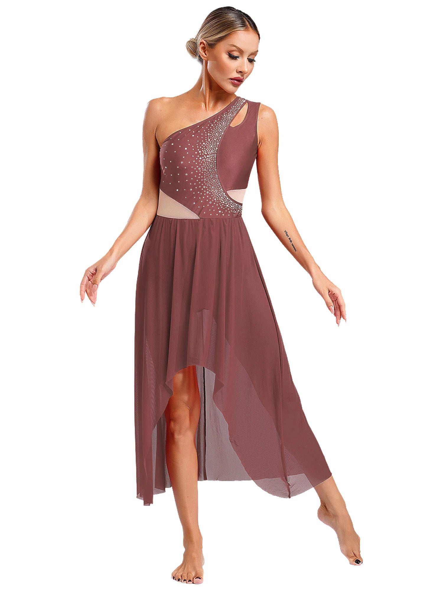 Lyrisches Tanzkostüm für Damen mit glänzenden Strasssteinen, asymmetrisches One - Shoulder - High - Low - Flowy - Chiffonkleid, zeitgenössische Tanzbekleidung - Blockshop.store