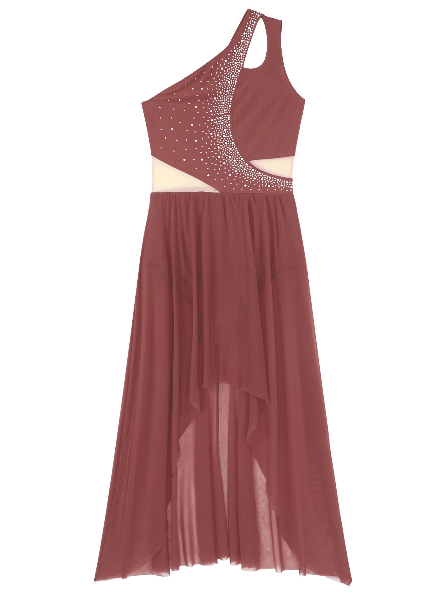 Lyrisches Tanzkostüm für Damen mit glänzenden Strasssteinen, asymmetrisches One - Shoulder - High - Low - Flowy - Chiffonkleid, zeitgenössische Tanzbekleidung - Blockshop.store