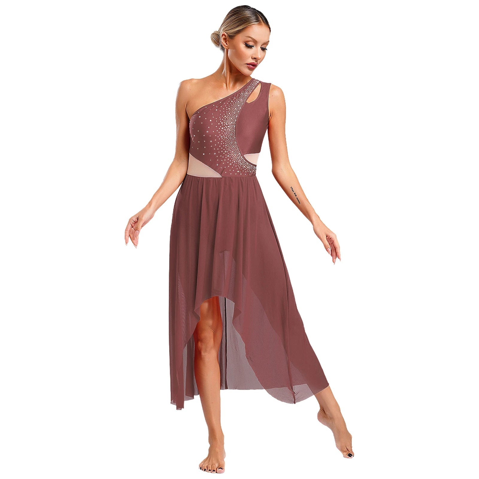 Lyrisches Tanzkostüm für Damen mit glänzenden Strasssteinen, asymmetrisches One - Shoulder - High - Low - Flowy - Chiffonkleid, zeitgenössische Tanzbekleidung - Blockshop.store