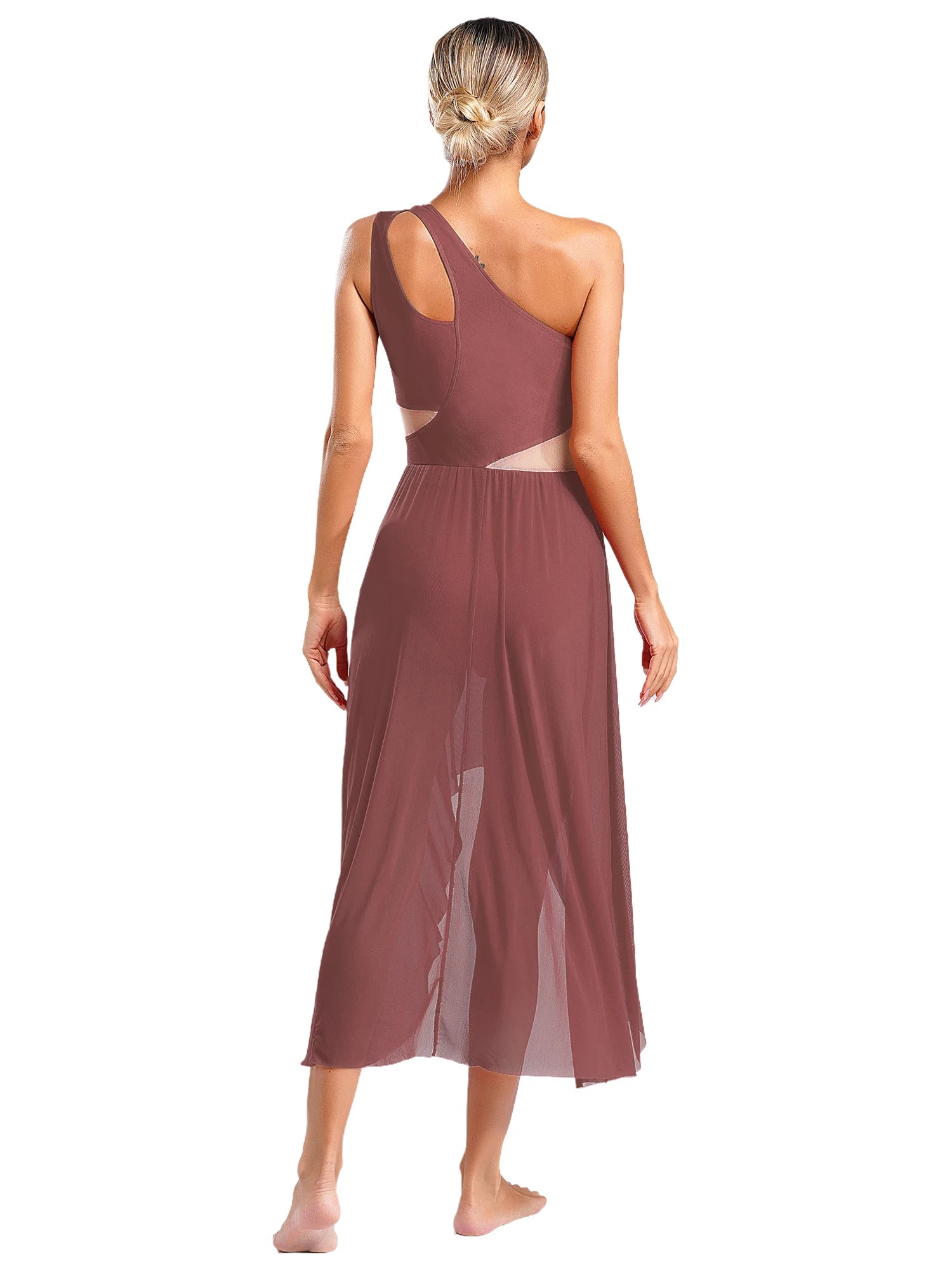 Lyrisches Tanzkostüm für Damen mit glänzenden Strasssteinen, asymmetrisches One - Shoulder - High - Low - Flowy - Chiffonkleid, zeitgenössische Tanzbekleidung - Blockshop.store