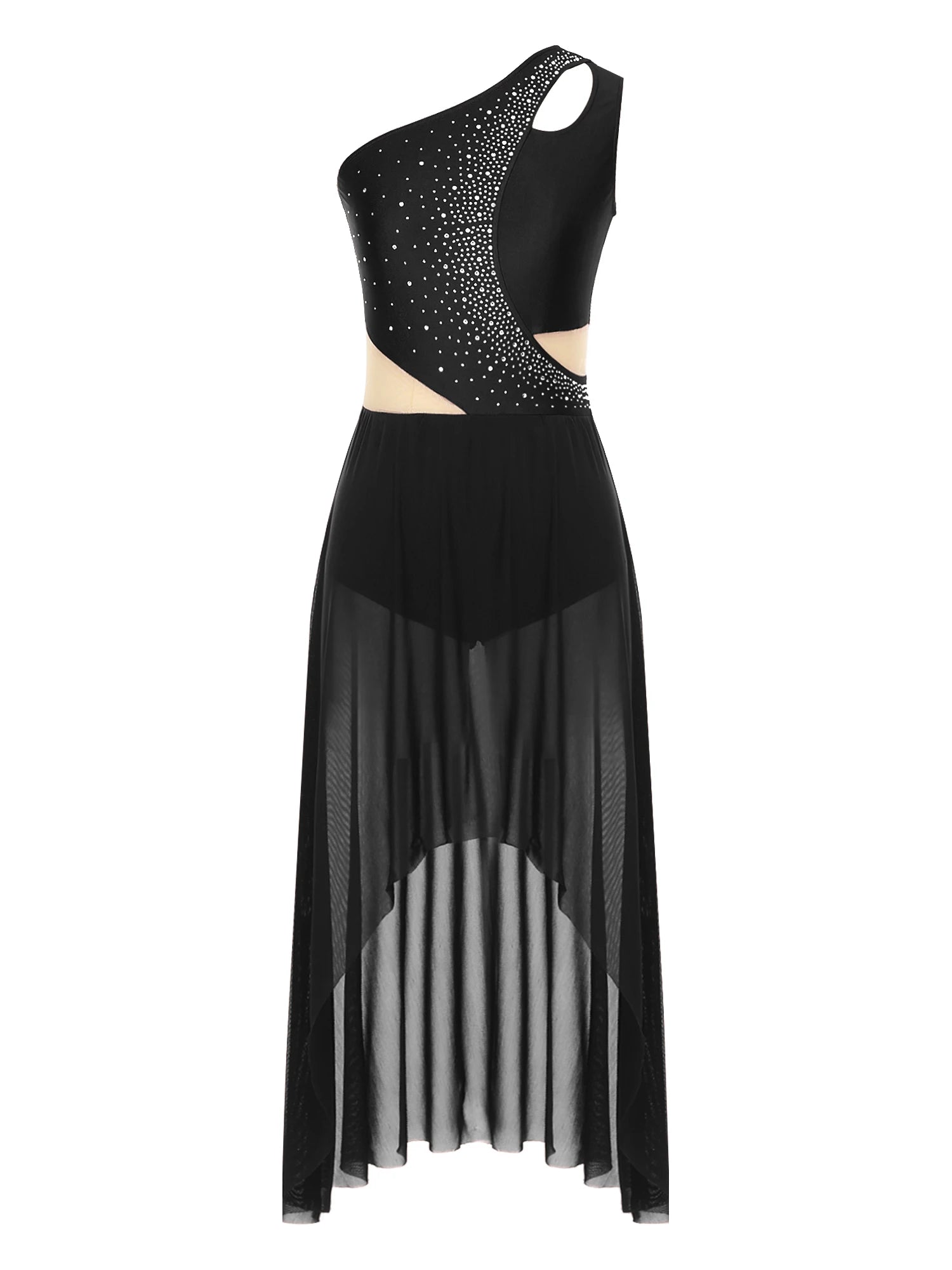 Lyrisches Tanzkostüm für Damen mit glänzenden Strasssteinen, asymmetrisches One - Shoulder - High - Low - Flowy - Chiffonkleid, zeitgenössische Tanzbekleidung - Blockshop.store