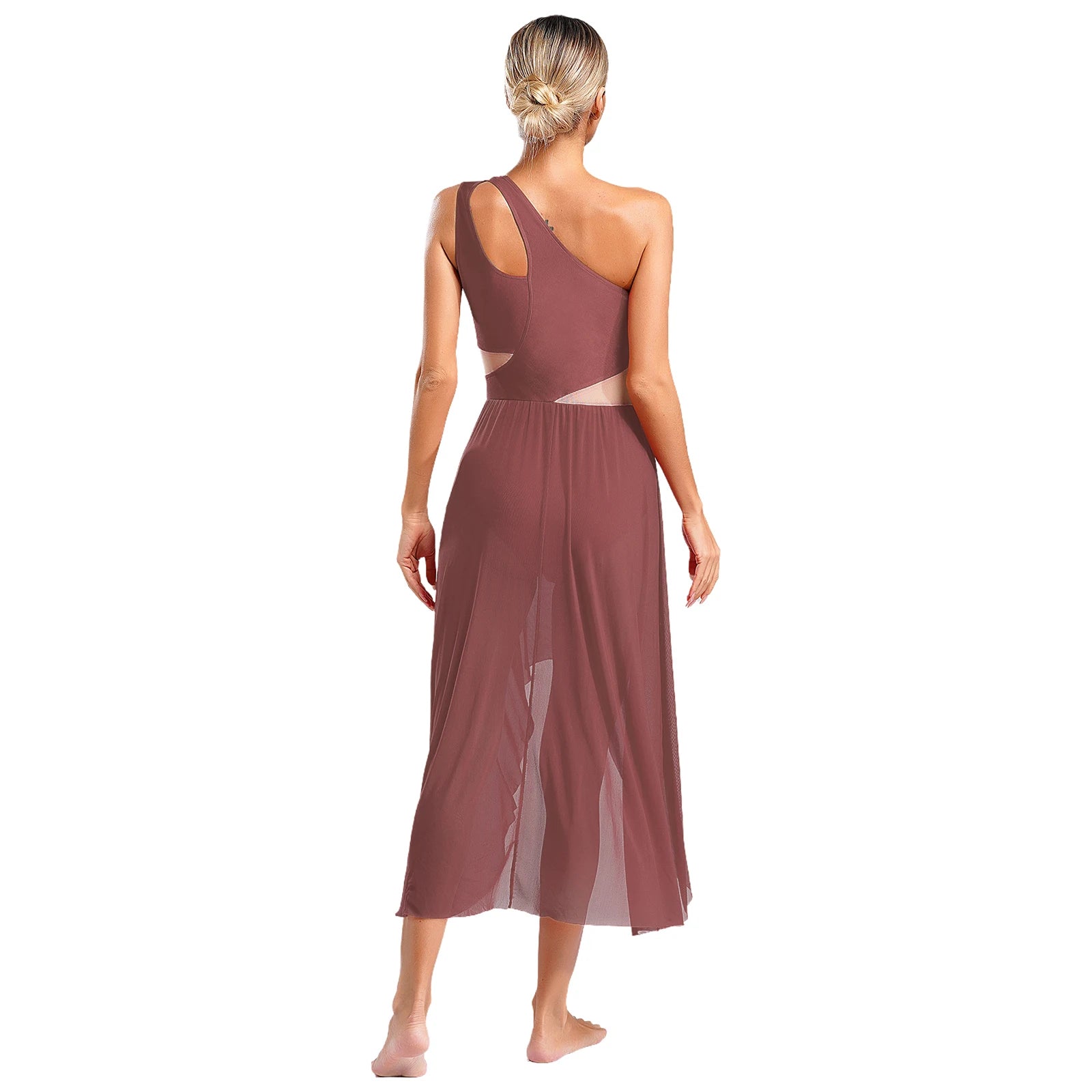 Lyrisches Tanzkostüm für Damen mit glänzenden Strasssteinen, asymmetrisches One - Shoulder - High - Low - Flowy - Chiffonkleid, zeitgenössische Tanzbekleidung - Blockshop.store