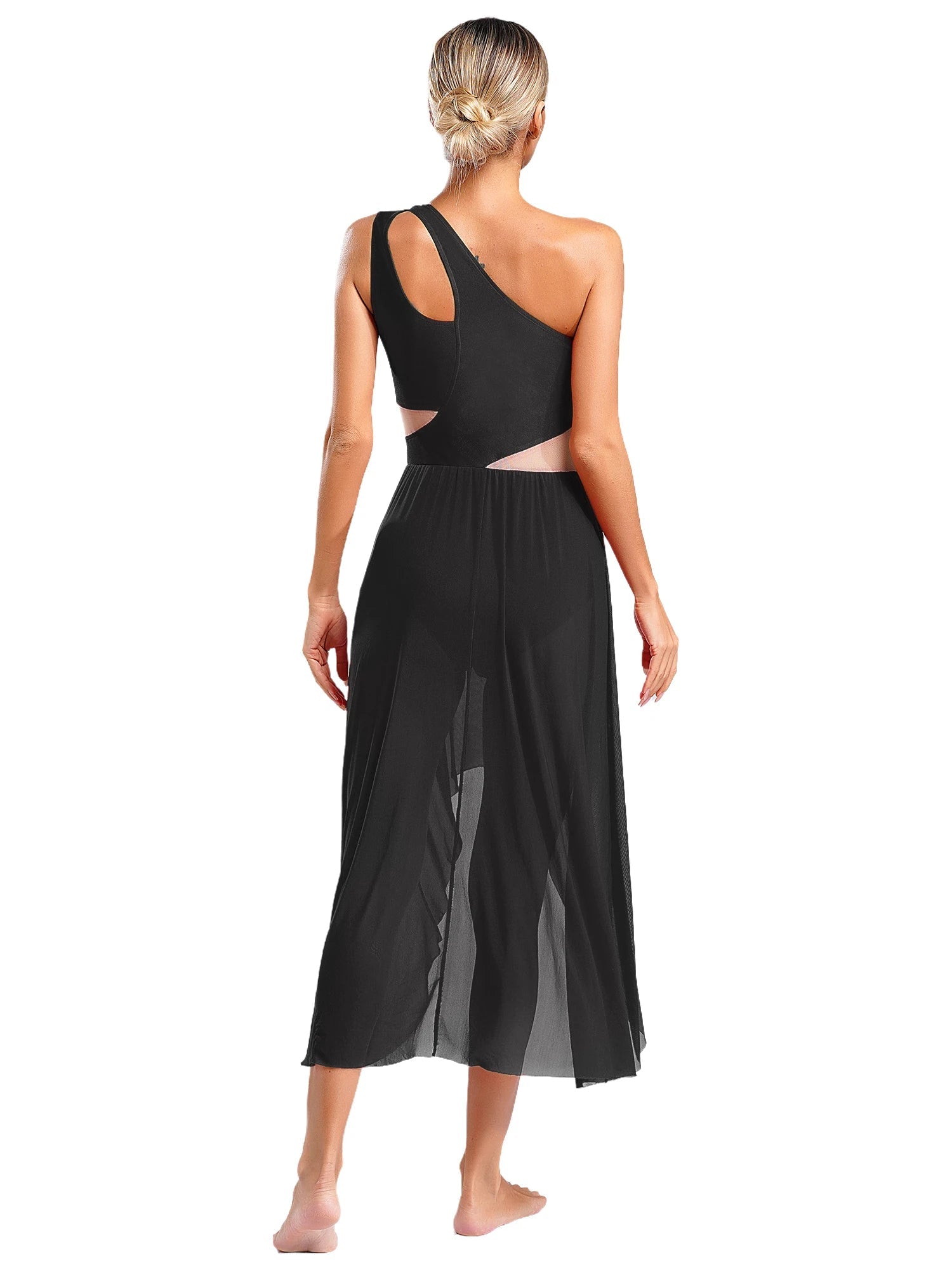 Lyrisches Tanzkostüm für Damen mit glänzenden Strasssteinen, asymmetrisches One - Shoulder - High - Low - Flowy - Chiffonkleid, zeitgenössische Tanzbekleidung - Blockshop.store