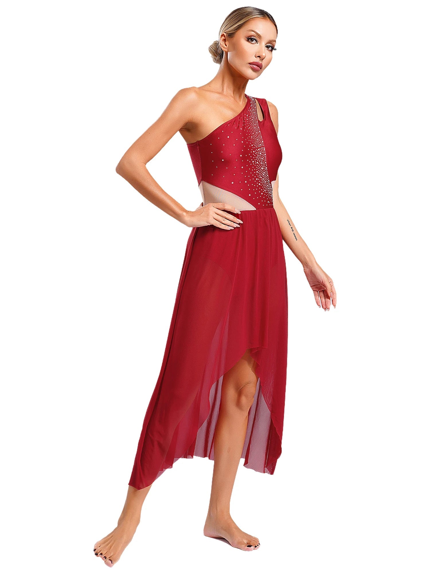 Lyrisches Tanzkostüm für Damen mit glänzenden Strasssteinen, asymmetrisches One - Shoulder - High - Low - Flowy - Chiffonkleid, zeitgenössische Tanzbekleidung - Blockshop.store