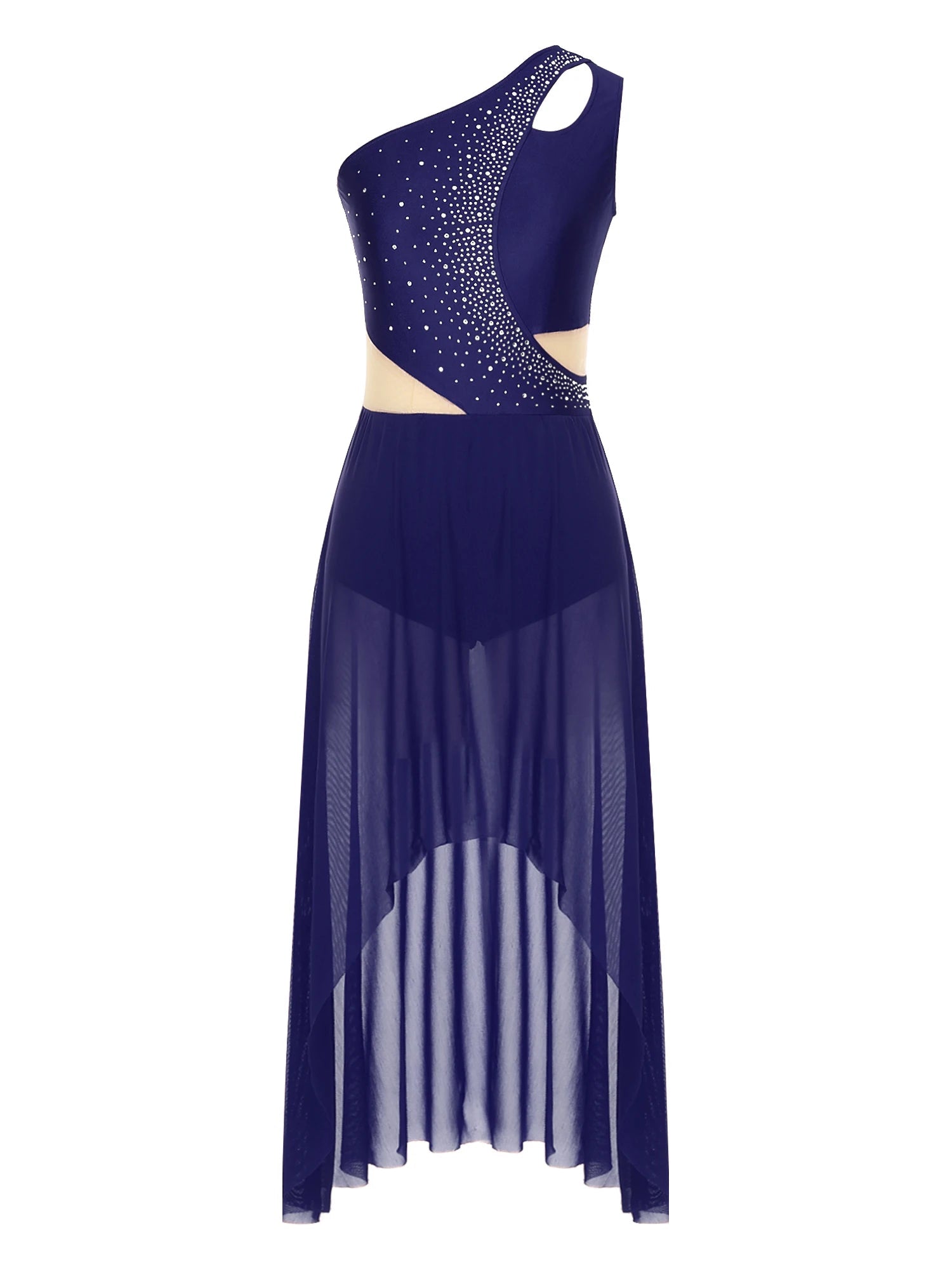 Lyrisches Tanzkostüm für Damen mit glänzenden Strasssteinen, asymmetrisches One - Shoulder - High - Low - Flowy - Chiffonkleid, zeitgenössische Tanzbekleidung - Blockshop.store