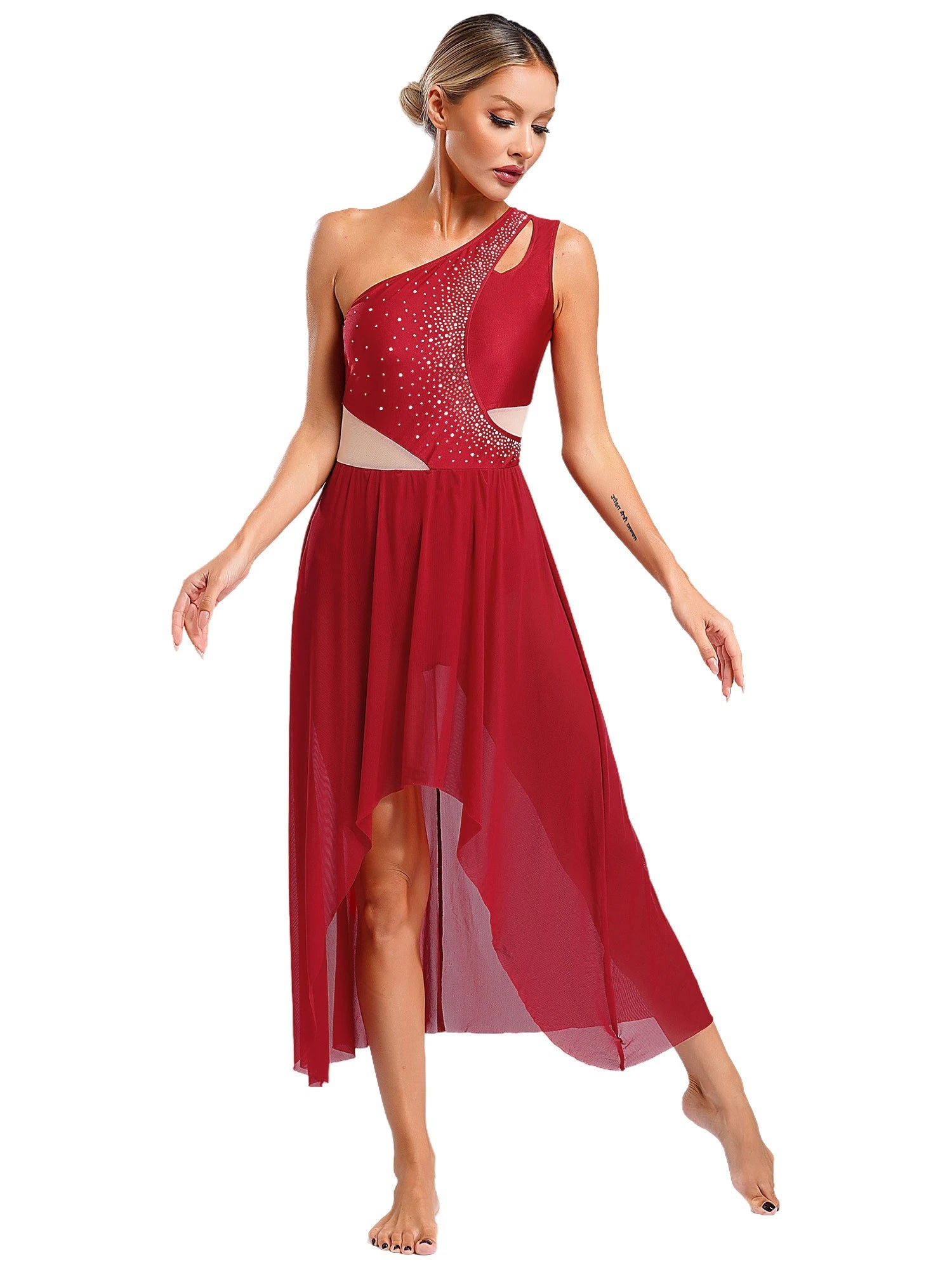 Lyrisches Tanzkostüm für Damen mit glänzenden Strasssteinen, asymmetrisches One - Shoulder - High - Low - Flowy - Chiffonkleid, zeitgenössische Tanzbekleidung - Blockshop.store