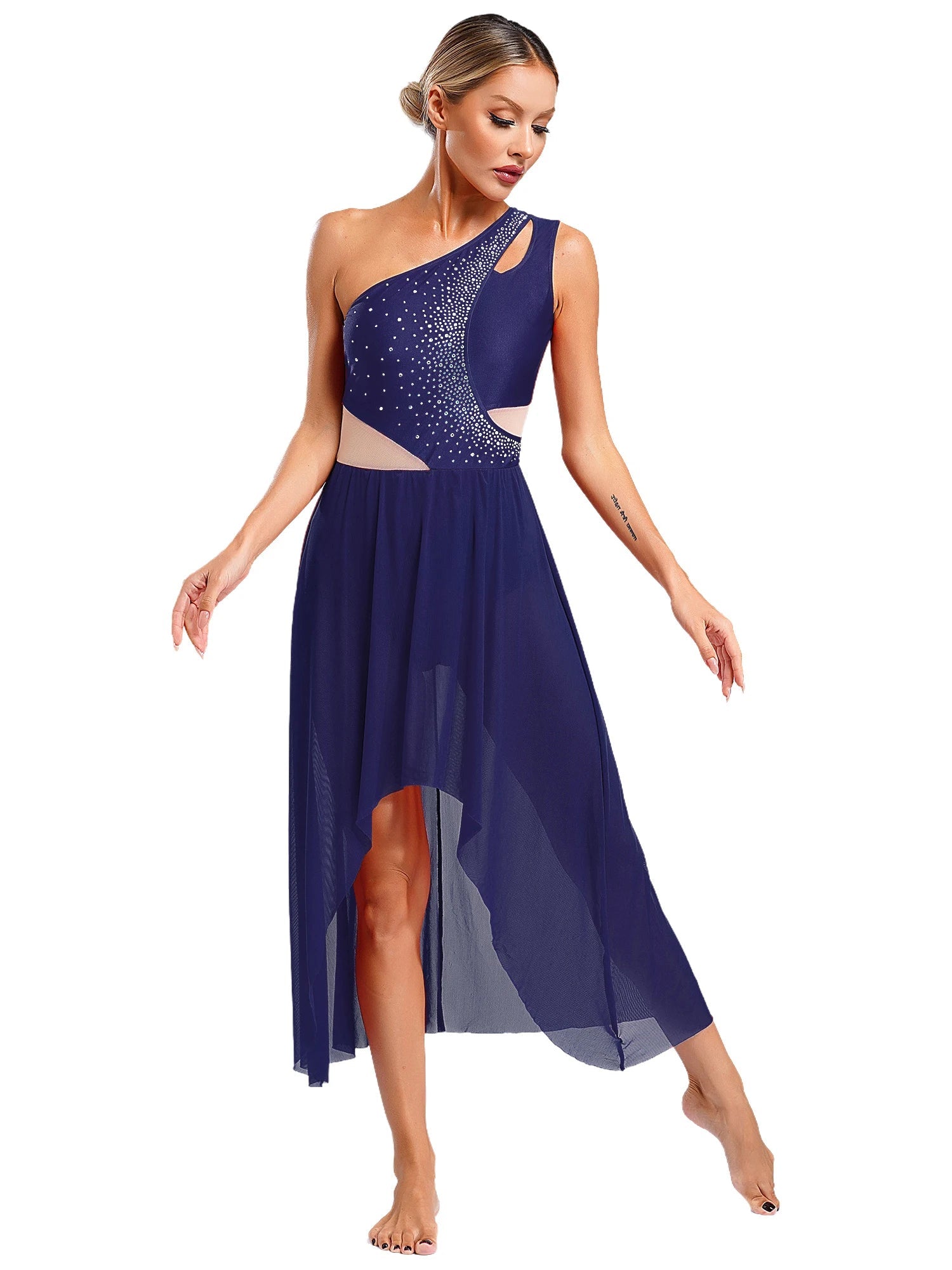 Lyrisches Tanzkostüm für Damen mit glänzenden Strasssteinen, asymmetrisches One - Shoulder - High - Low - Flowy - Chiffonkleid, zeitgenössische Tanzbekleidung - Blockshop.store
