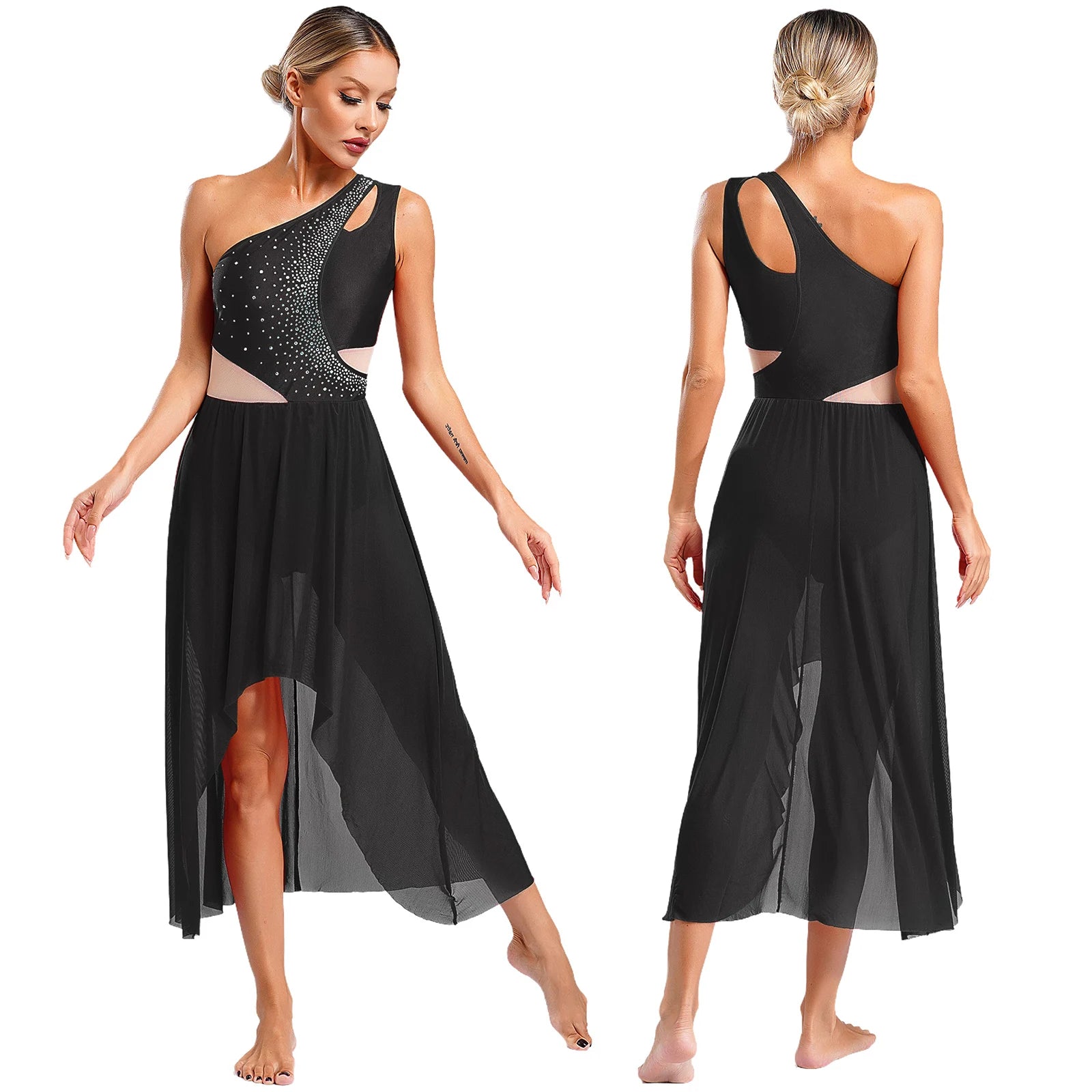 Lyrisches Tanzkostüm für Damen mit glänzenden Strasssteinen, asymmetrisches One - Shoulder - High - Low - Flowy - Chiffonkleid, zeitgenössische Tanzbekleidung - Blockshop.store