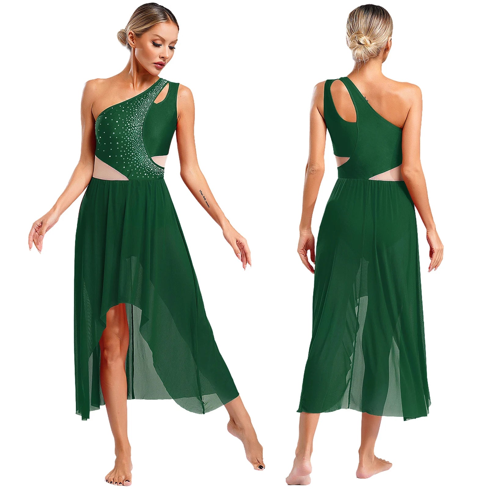 Lyrisches Tanzkostüm für Damen mit glänzenden Strasssteinen, asymmetrisches One - Shoulder - High - Low - Flowy - Chiffonkleid, zeitgenössische Tanzbekleidung - Blockshop.store