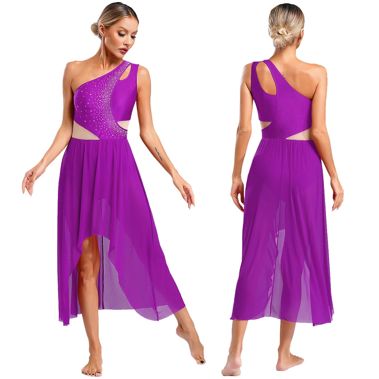 Lyrisches Tanzkostüm für Damen mit glänzenden Strasssteinen, asymmetrisches One - Shoulder - High - Low - Flowy - Chiffonkleid, zeitgenössische Tanzbekleidung - Blockshop.store