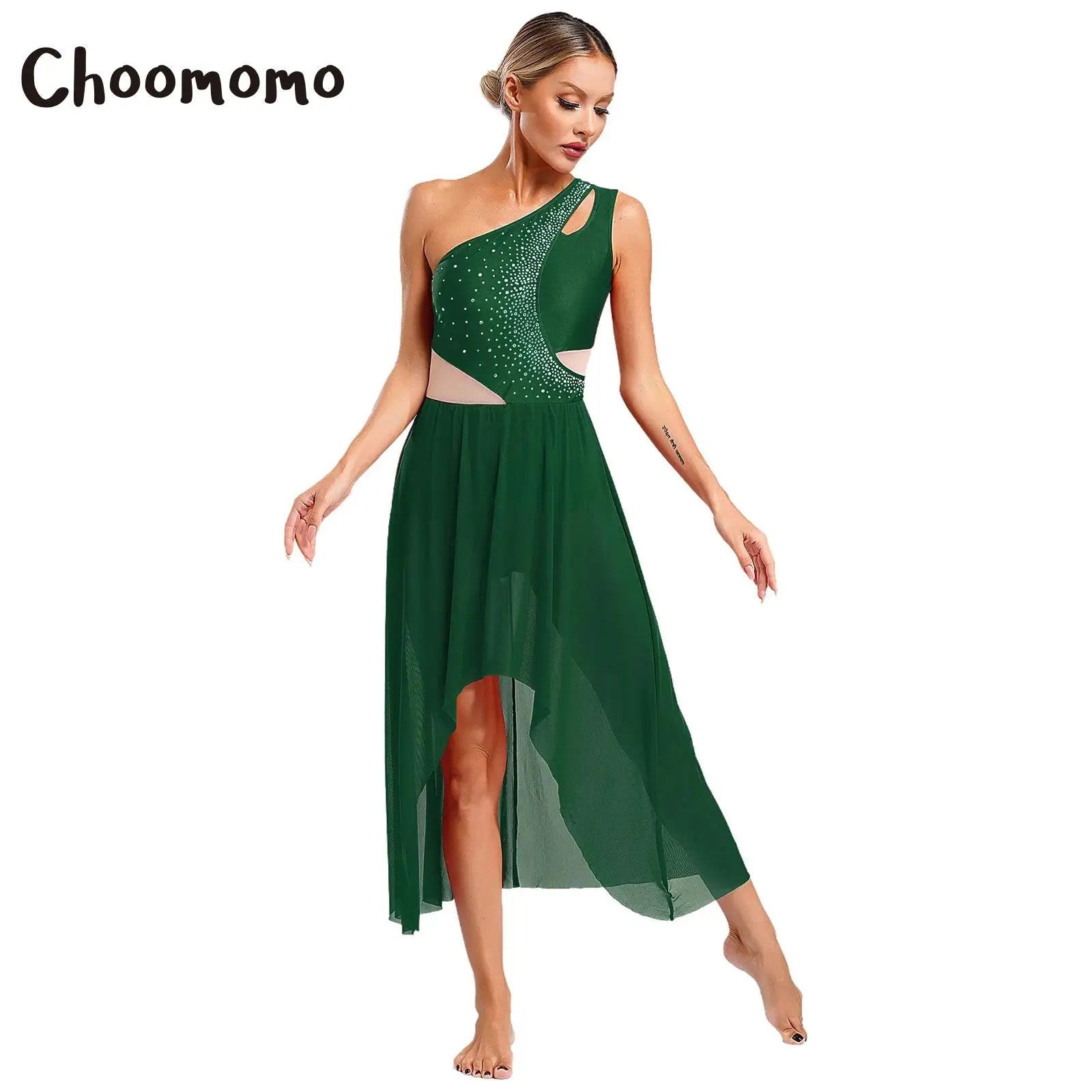Lyrisches Tanzkostüm für Damen mit glänzenden Strasssteinen, asymmetrisches One - Shoulder - High - Low - Flowy - Chiffonkleid, zeitgenössische Tanzbekleidung - Blockshop.store
