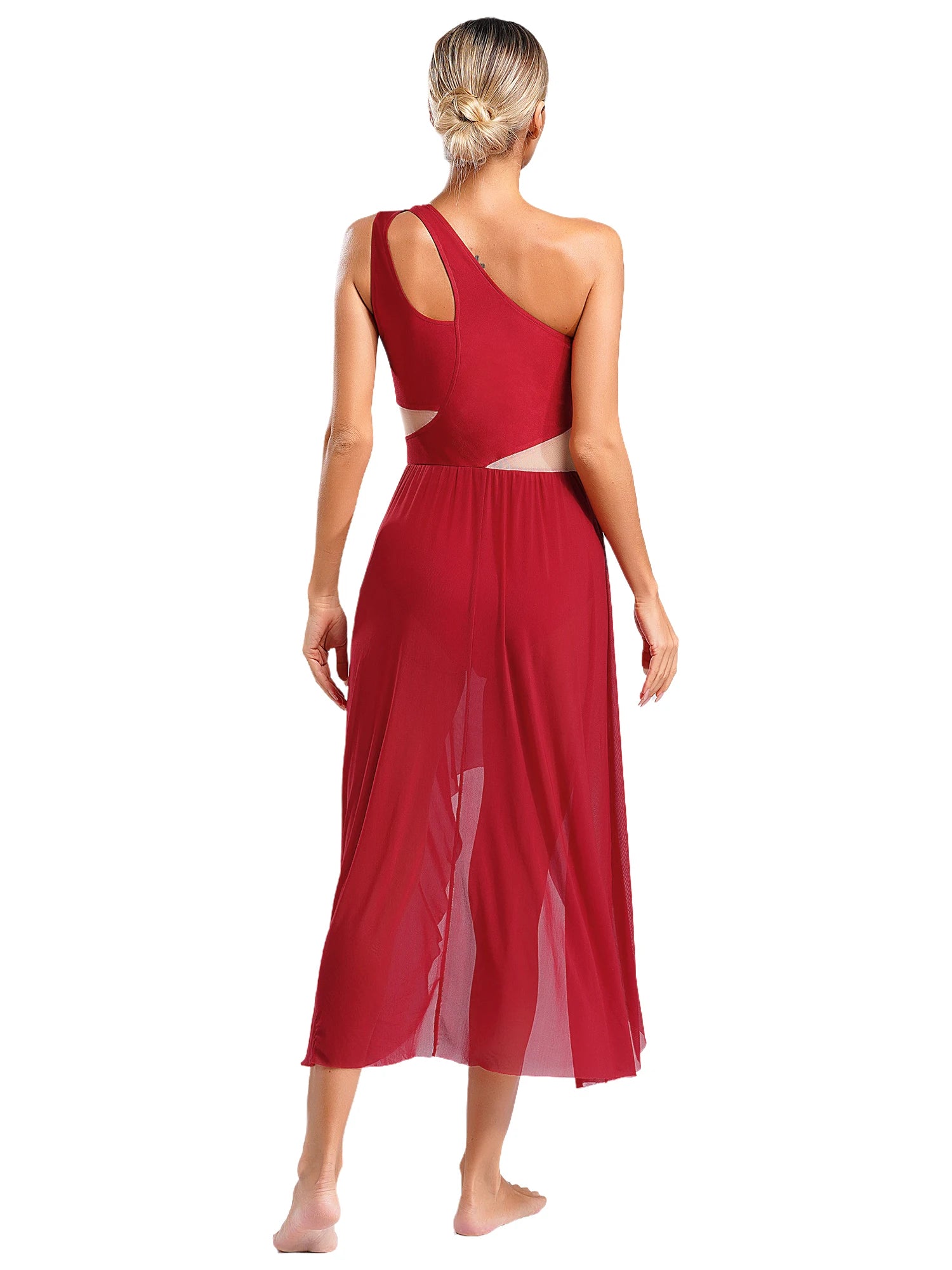 Lyrisches Tanzkostüm für Damen mit glänzenden Strasssteinen, asymmetrisches One - Shoulder - High - Low - Flowy - Chiffonkleid, zeitgenössische Tanzbekleidung - Blockshop.store