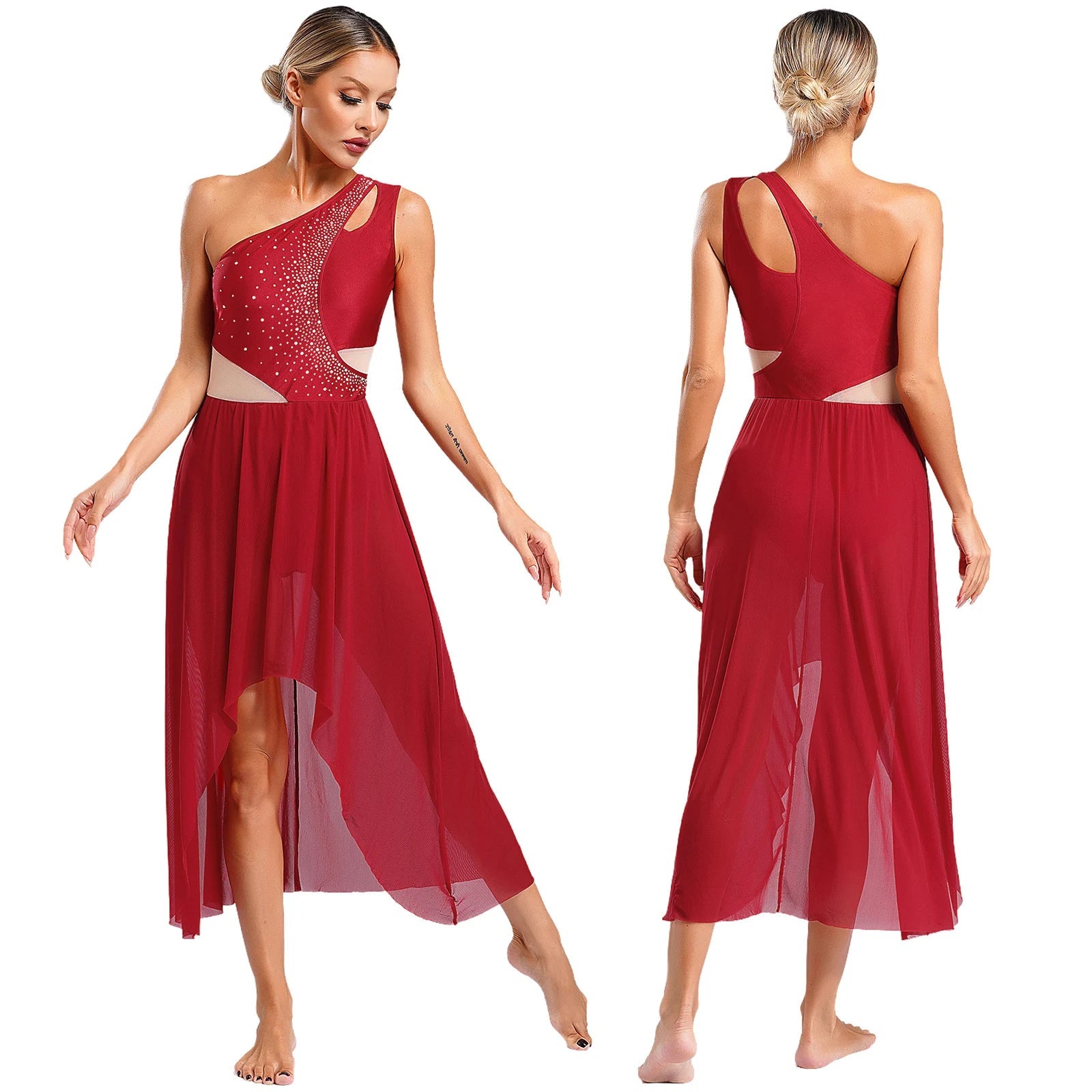 Lyrisches Tanzkostüm für Damen mit glänzenden Strasssteinen, asymmetrisches One - Shoulder - High - Low - Flowy - Chiffonkleid, zeitgenössische Tanzbekleidung - Blockshop.store