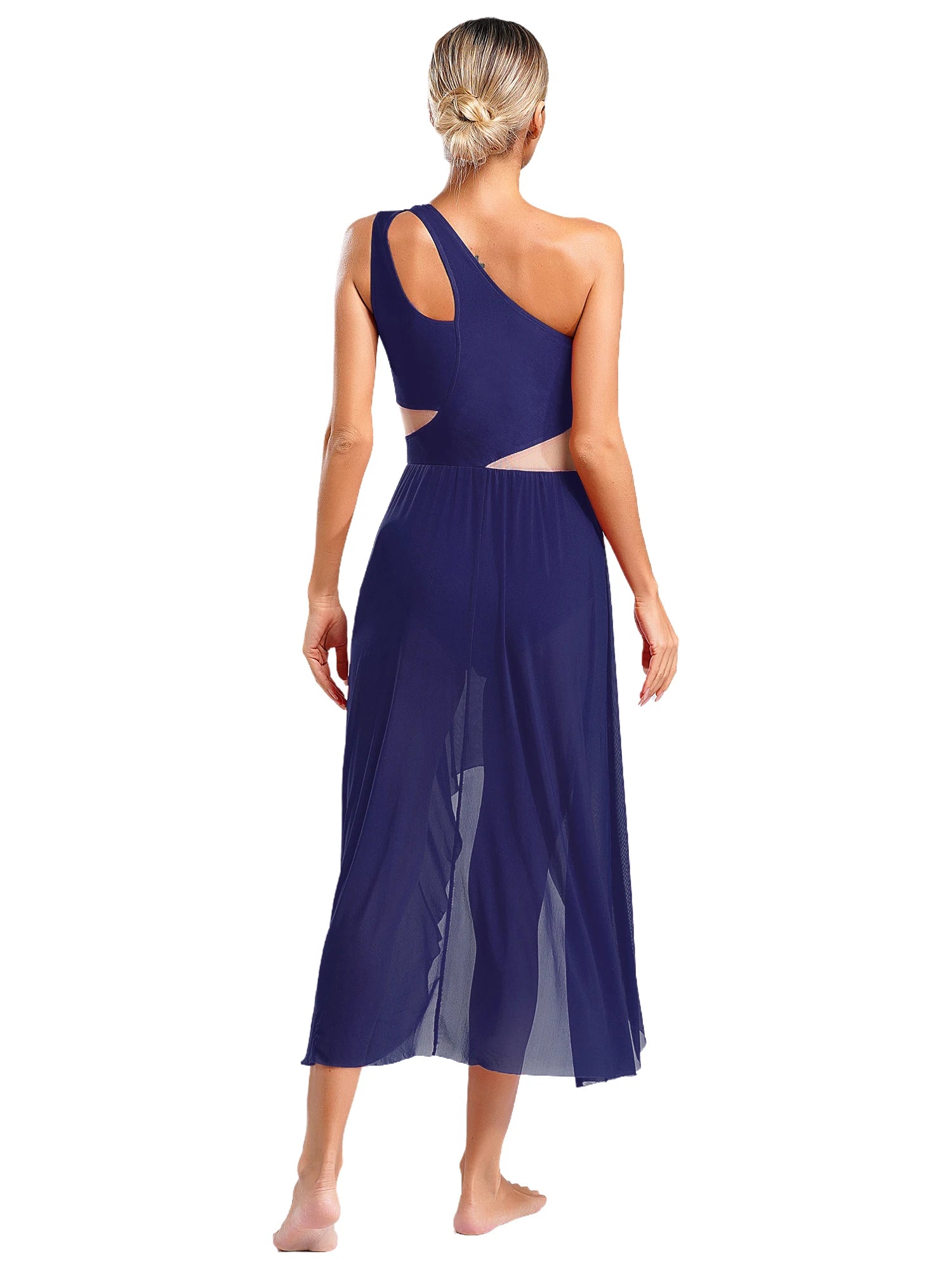 Lyrisches Tanzkostüm für Damen mit glänzenden Strasssteinen, asymmetrisches One - Shoulder - High - Low - Flowy - Chiffonkleid, zeitgenössische Tanzbekleidung - Blockshop.store