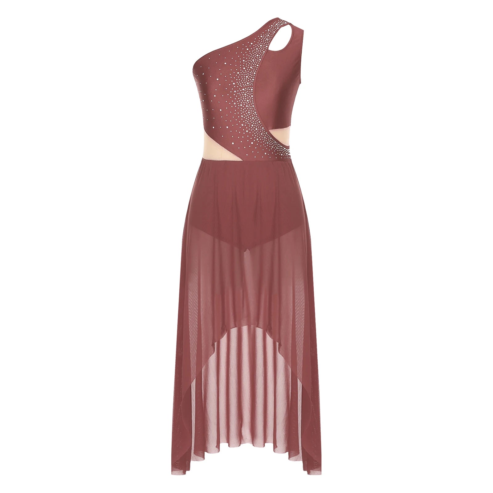 Lyrisches Tanzkostüm für Damen mit glänzenden Strasssteinen, asymmetrisches One - Shoulder - High - Low - Flowy - Chiffonkleid, zeitgenössische Tanzbekleidung - Blockshop.store