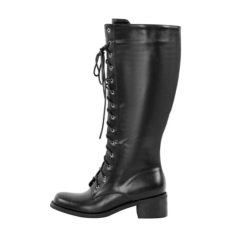 Nurly maker Frauen kniehohe Stiefel runde Zehen schwarz matt Gothic Heeled prägnante Seite Reiß verschluss Winter schnüren Motorrads tiefel - Blockshop.store