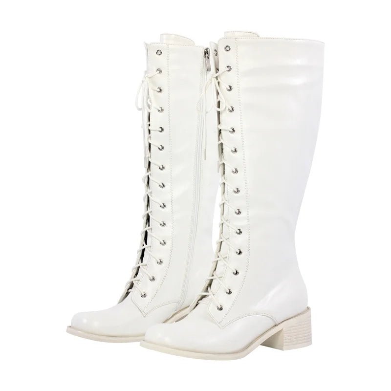 Nurly maker Frauen kniehohe Stiefel runde Zehen schwarz matt Gothic Heeled prägnante Seite Reiß verschluss Winter schnüren Motorrads tiefel - Blockshop.store