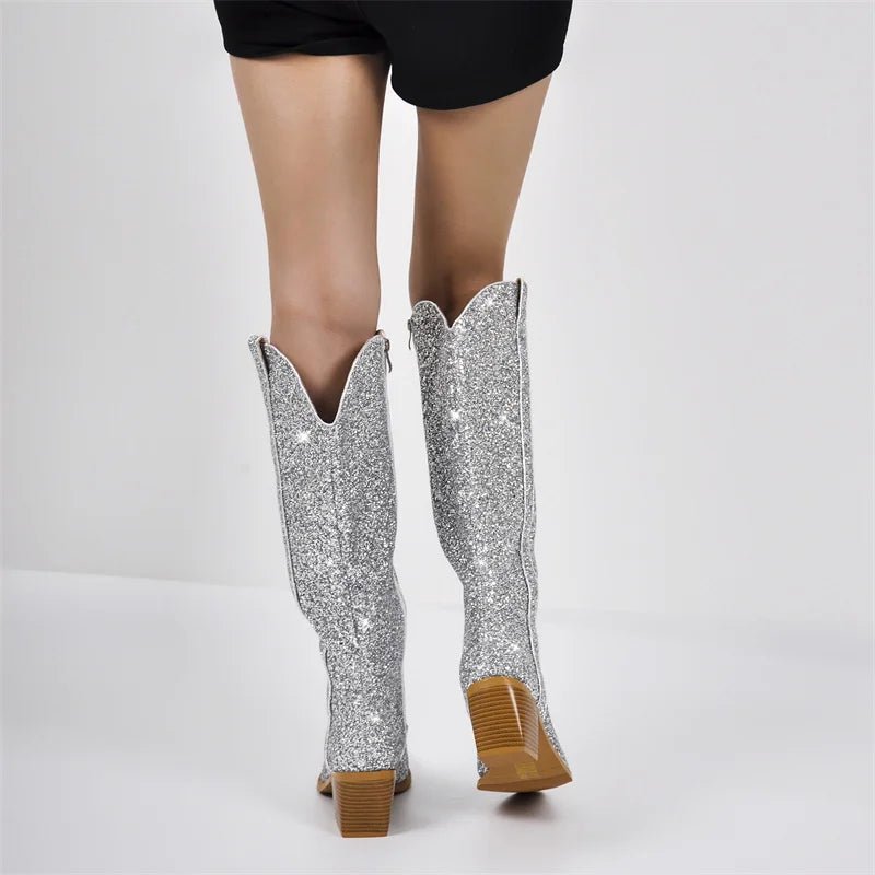 Only maker Frau spitzen Zehen Splitter Glitter kniehohe Stiefel Western Cowboy Stiefel bling glänzenden Block absatz handgemachte Dame Stiefel - Blockshop.store