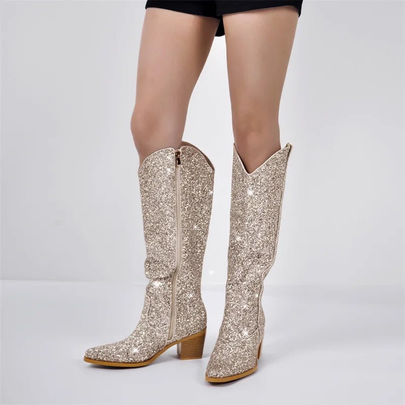 Only maker Frau spitzen Zehen Splitter Glitter kniehohe Stiefel Western Cowboy Stiefel bling glänzenden Block absatz handgemachte Dame Stiefel - Blockshop.store