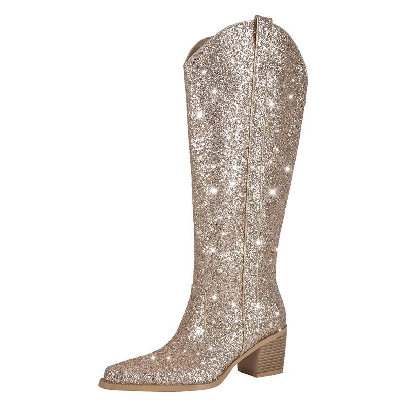 Only maker Frau spitzen Zehen Splitter Glitter kniehohe Stiefel Western Cowboy Stiefel bling glänzenden Block absatz handgemachte Dame Stiefel - Blockshop.store