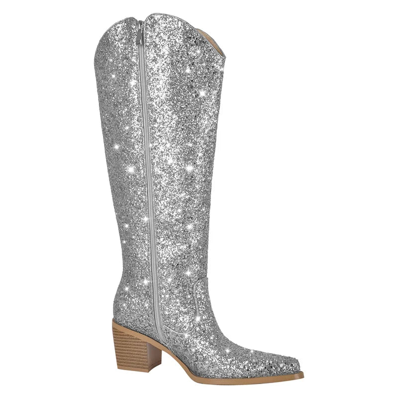 Only maker Frau spitzen Zehen Splitter Glitter kniehohe Stiefel Western Cowboy Stiefel bling glänzenden Block absatz handgemachte Dame Stiefel - Blockshop.store
