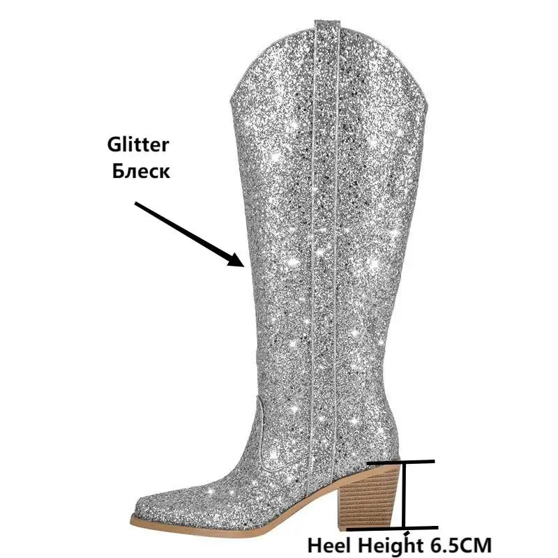 Only maker Frau spitzen Zehen Splitter Glitter kniehohe Stiefel Western Cowboy Stiefel bling glänzenden Block absatz handgemachte Dame Stiefel - Blockshop.store