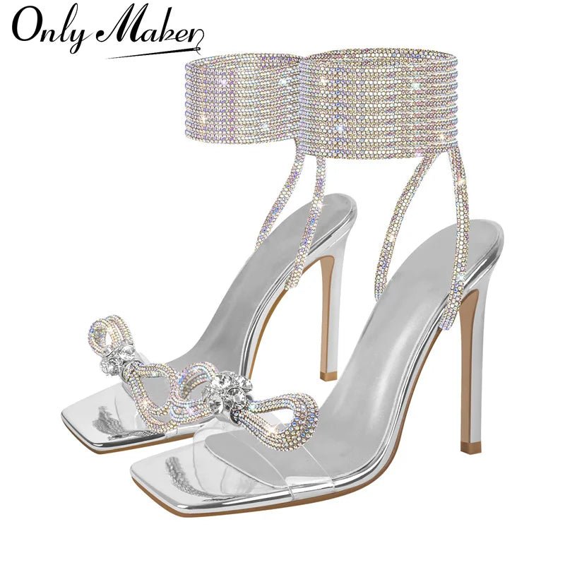 Only maker Frauen Bogen Strass Sommers andalen Kristall Schnürung Stiletto mehrfarbige quadratische Zehen Kreuz riemen dünne Sandalen mit hohen Absätzen - Blockshop.store